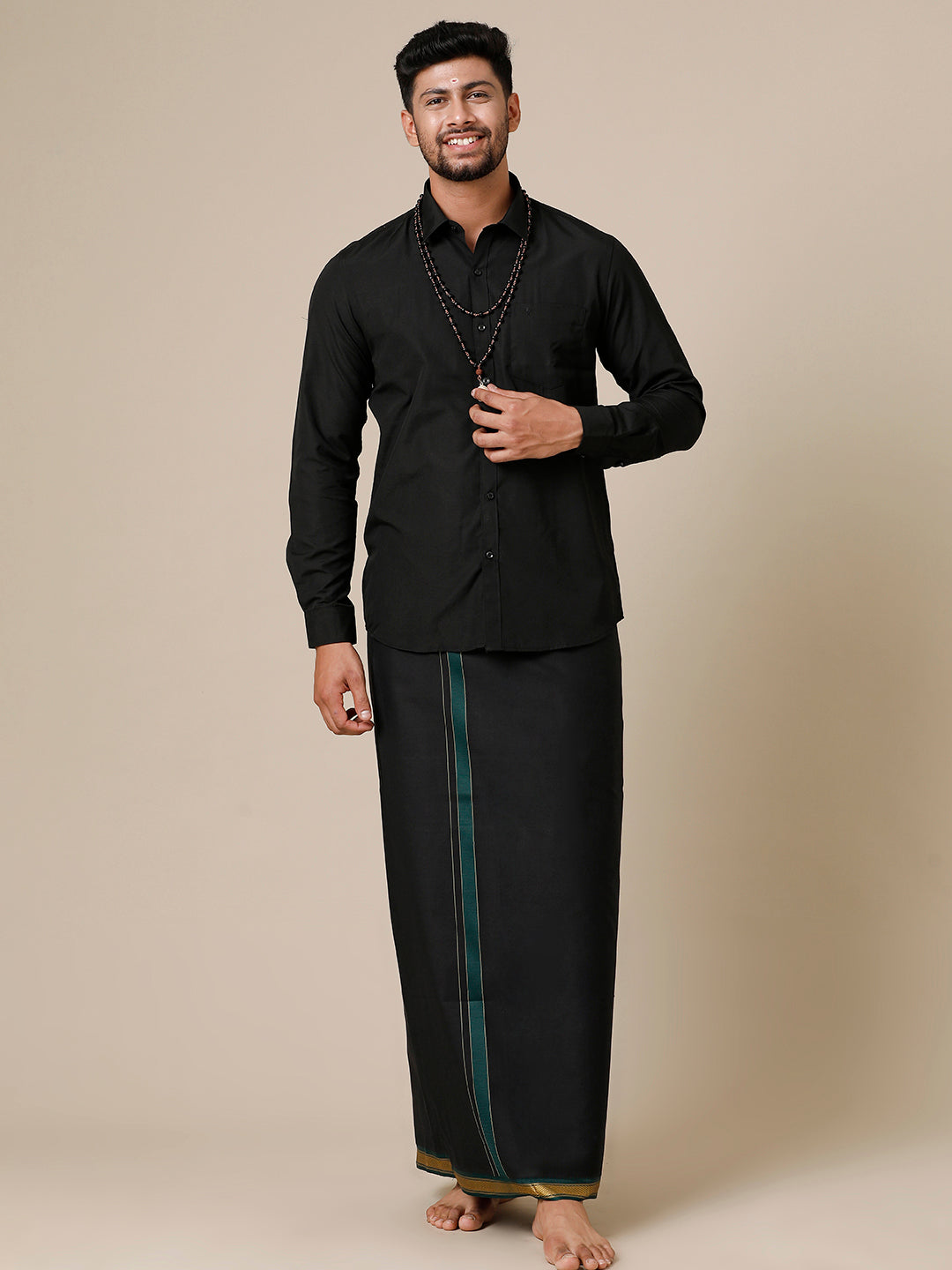Men Devotional Full Sleeve Shirt & Dhoti Combo Brindhavan Black