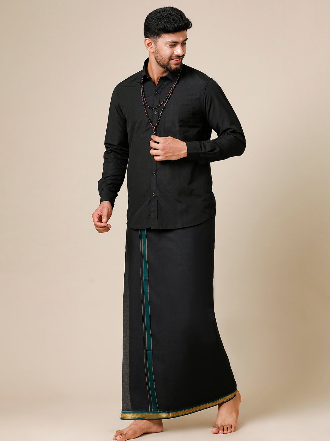 Men Devotional Full Sleeve Shirt & Dhoti Combo Brindhavan Black