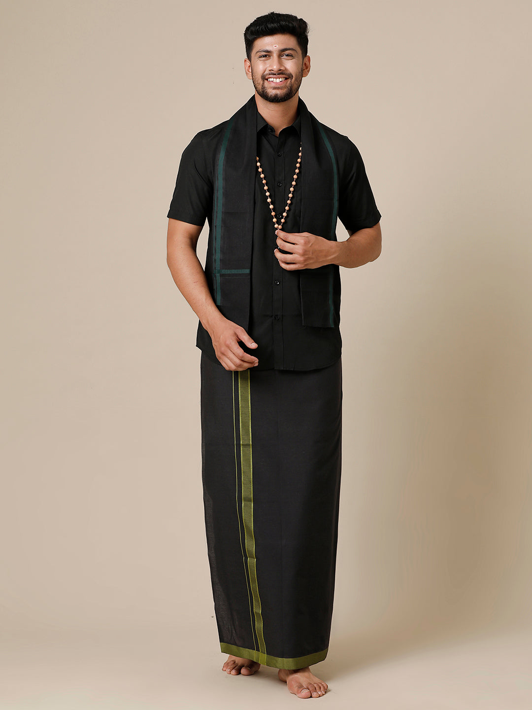 Men Devotional Half Sleeves Shirt Dhoti & Towel Set Black