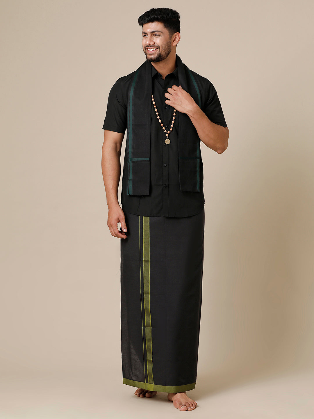 Men Devotional Half Sleeves Shirt Dhoti & Towel Set Black