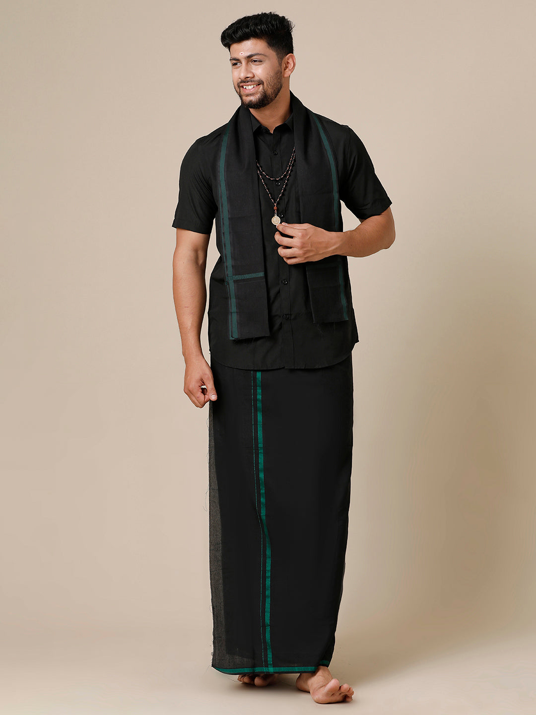 Men Devotional Half Sleeves Shirt Dhoti & Towel Set Black