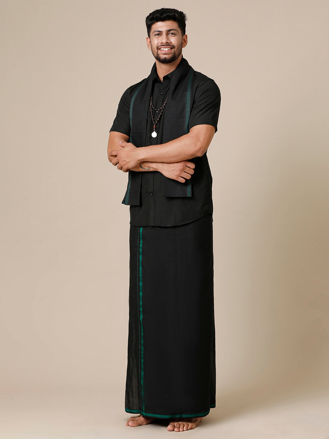 Men Devotional Half Sleeves Shirt Dhoti & Towel Set Black