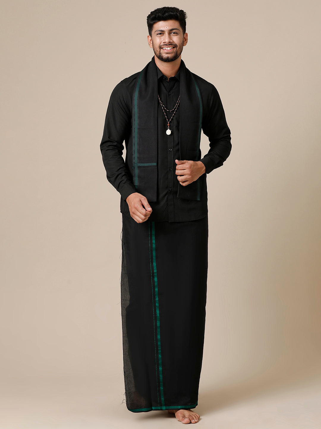 Men Devotional Full Sleeves Shirt Dhoti & Towel Set Black
