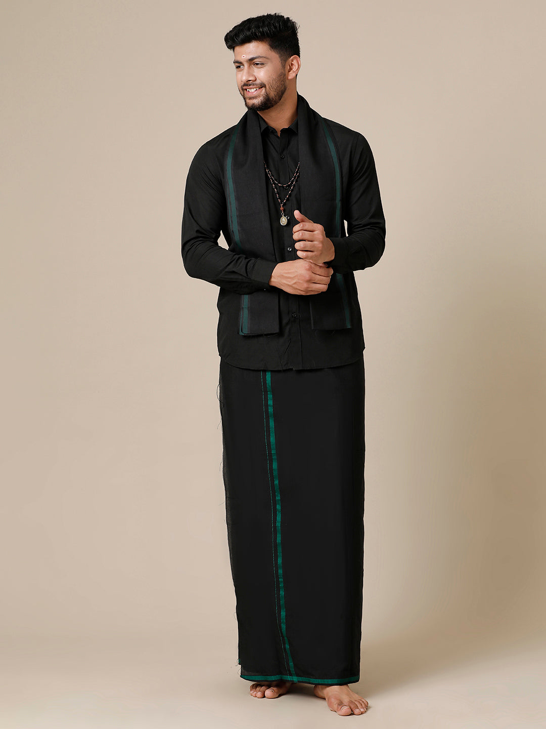Men Devotional Full Sleeves Shirt Dhoti & Towel Set Black