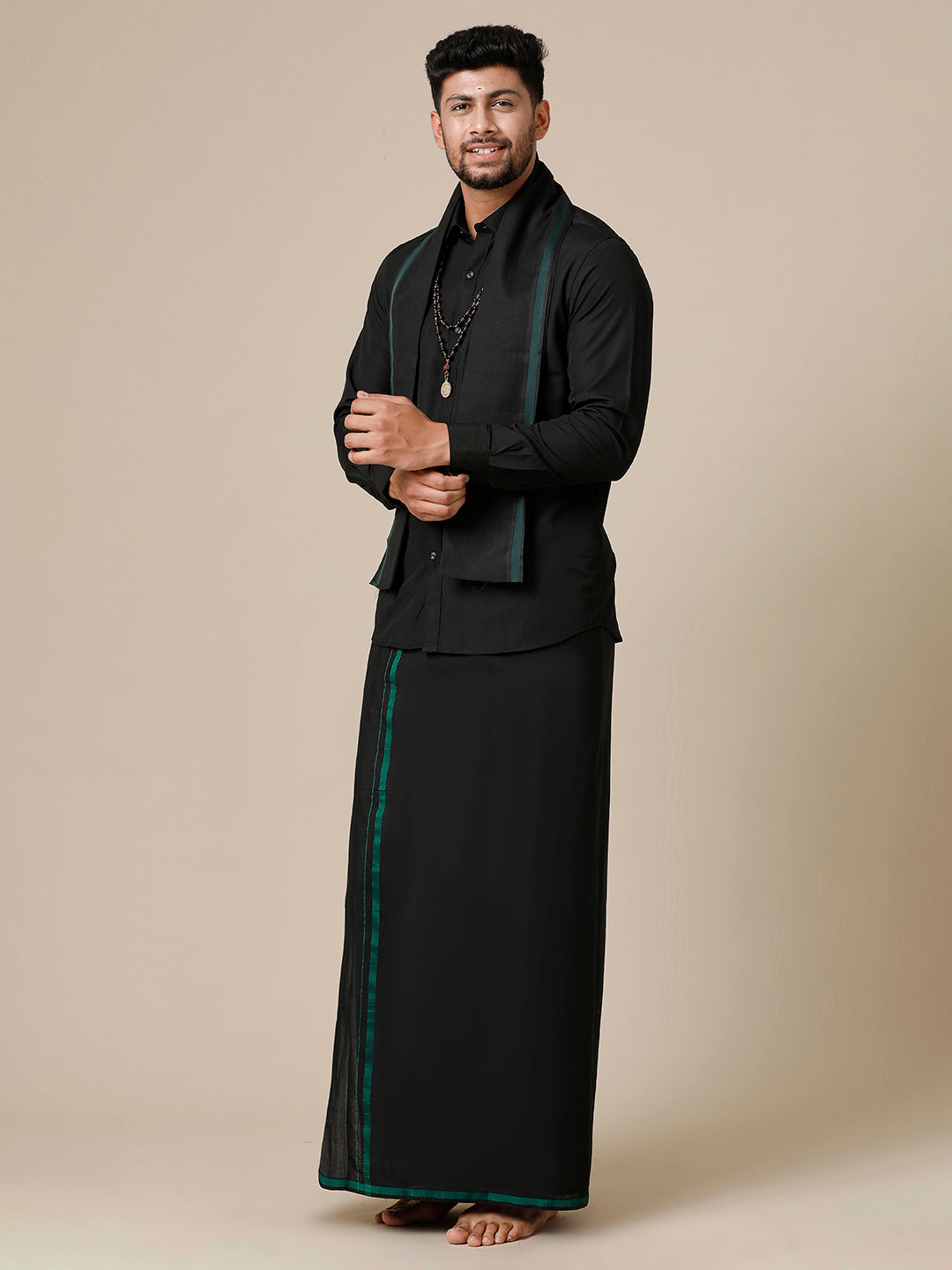 Men Devotional Full Sleeves Shirt Dhoti & Towel Set Black