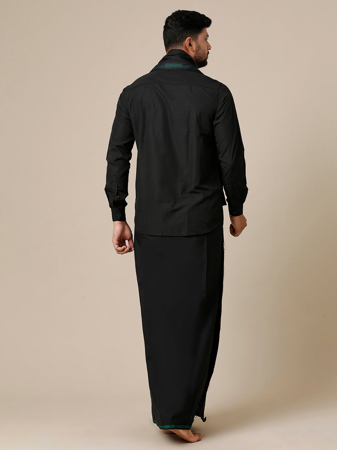 Men Devotional Full Sleeves Shirt Dhoti & Towel Set Black