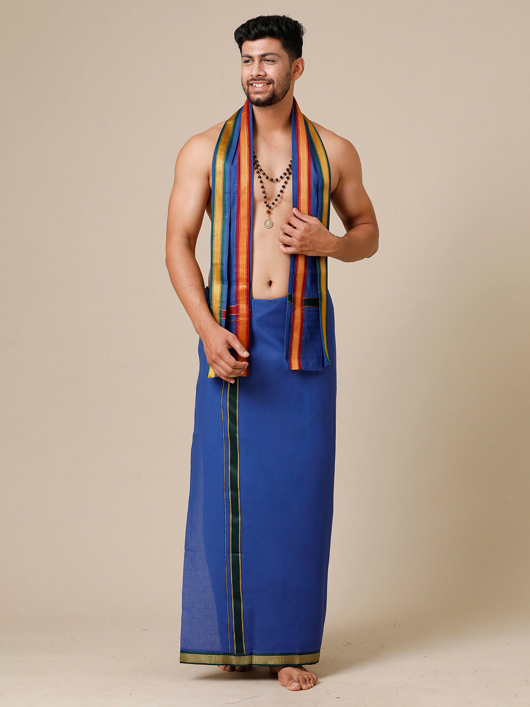Mens Devotional Color Dhoti with Fancy Border Brindhavan Blue