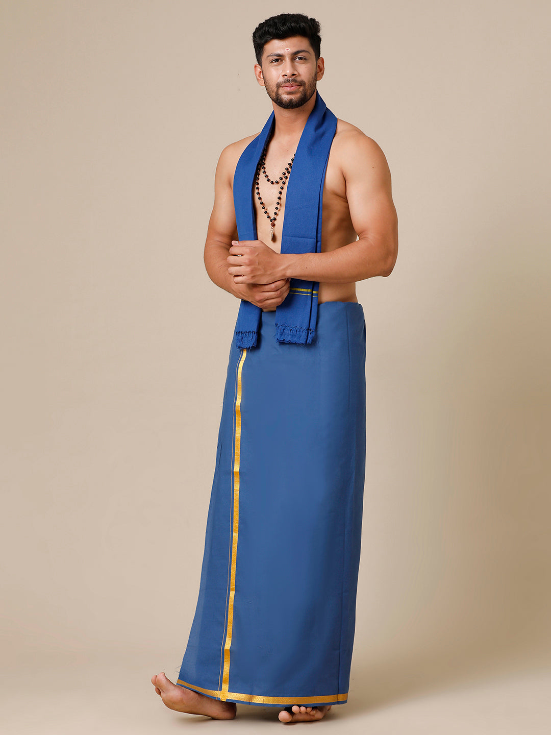 Men Cotton Blend Single Layer Blue Dhoti with Gold Jari Border Cosmic 13