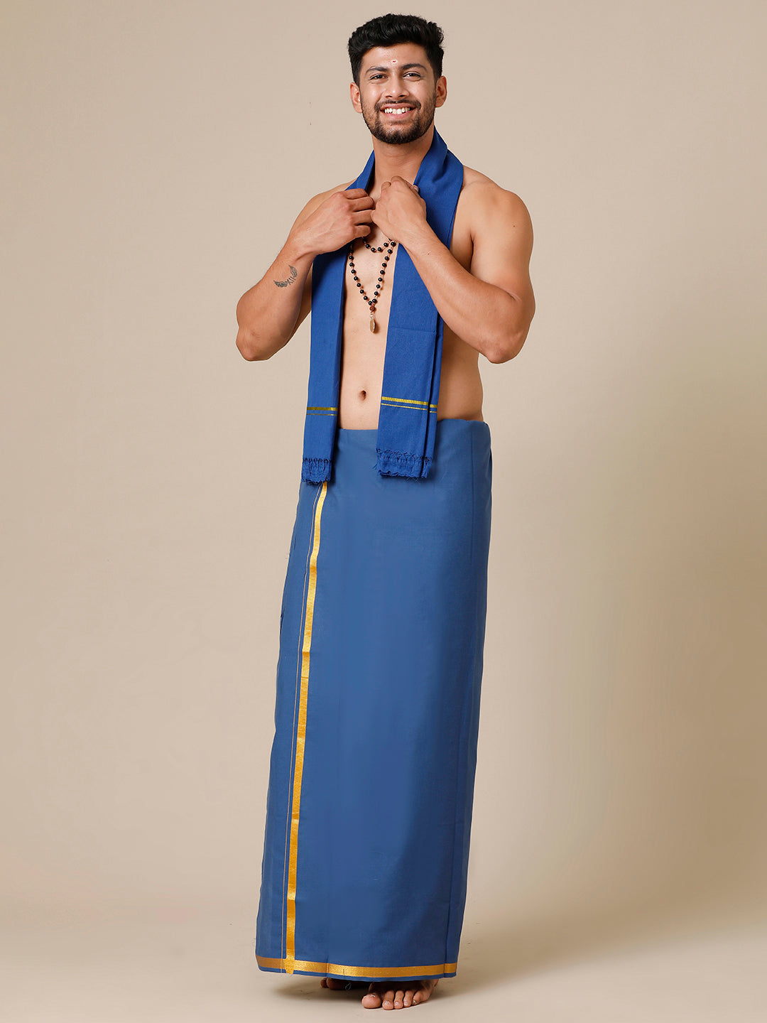Men Cotton Blend Single Layer Blue Dhoti with Gold Jari Border Cosmic 13