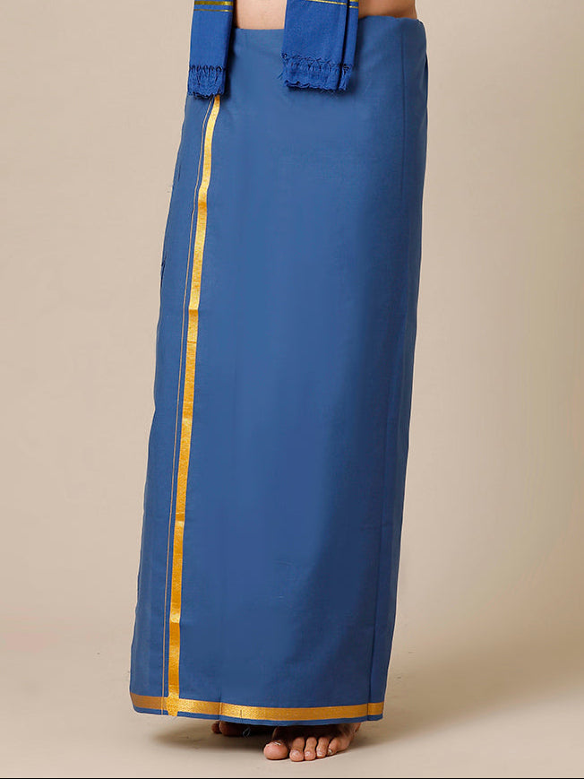 Men Cotton Blend Single Layer Blue Dhoti with Gold Jari Border Cosmic 13