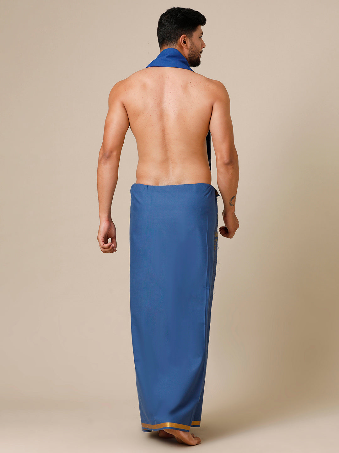 Men Cotton Blend Single Layer Blue Dhoti with Gold Jari Border Cosmic 13