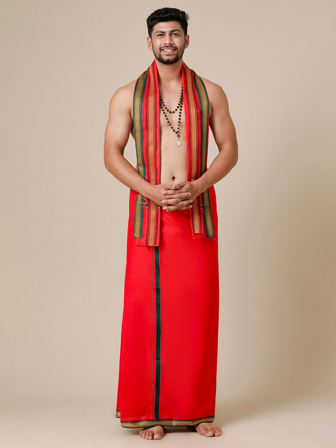 Men 100% Cotton Single Layer Red Dhoti with Mayilkhan Border Brindhavan