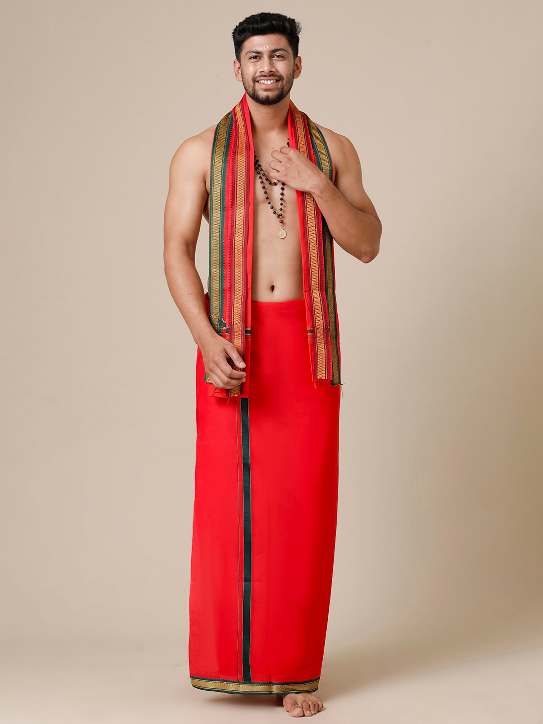 Men 100% Cotton Single Layer Red Dhoti & Towel Set with Mayilkhan Border Brindhavan