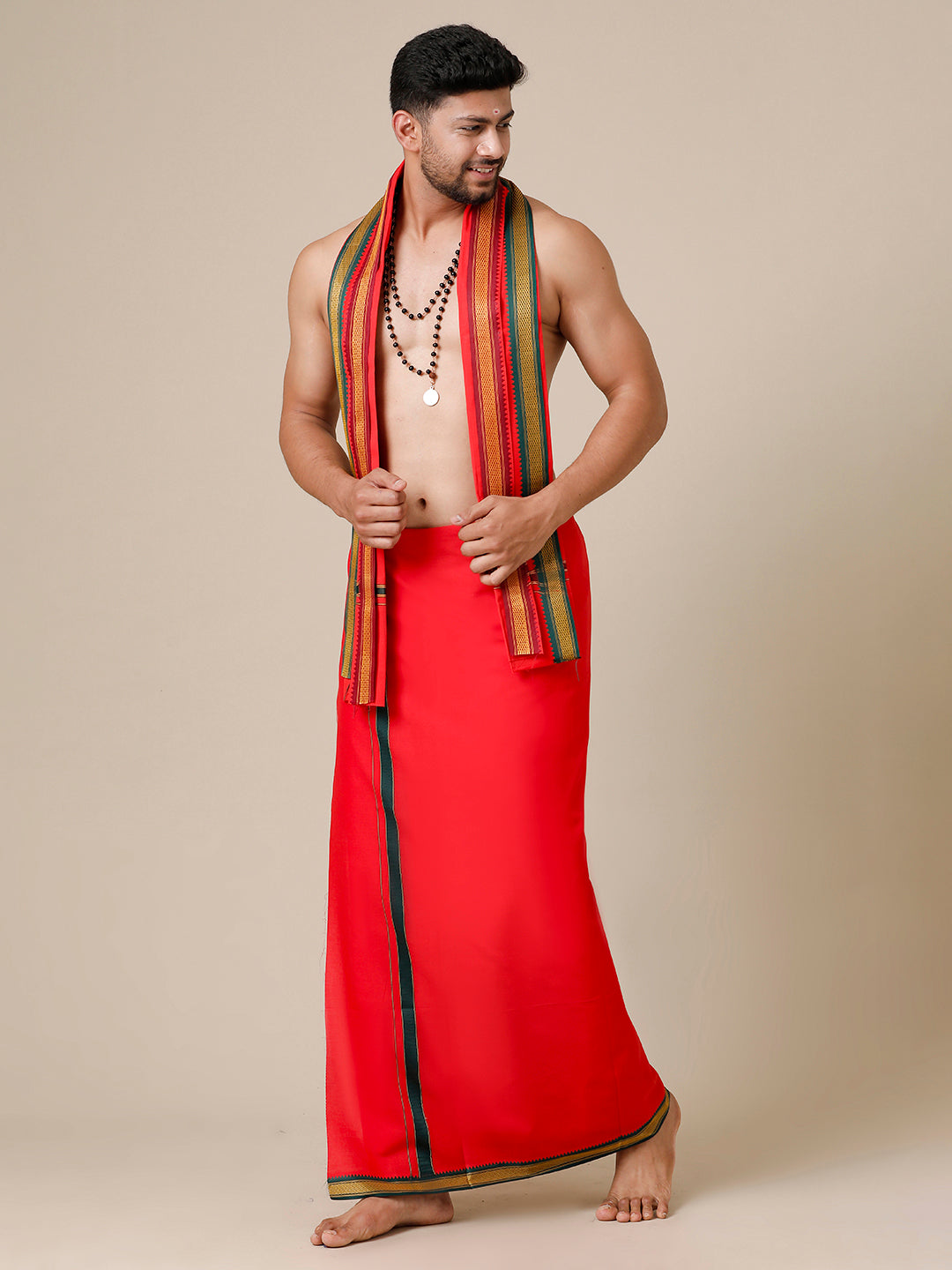 Men 100% Cotton Single Layer Red Dhoti & Towel Set with Mayilkhan Border Brindhavan