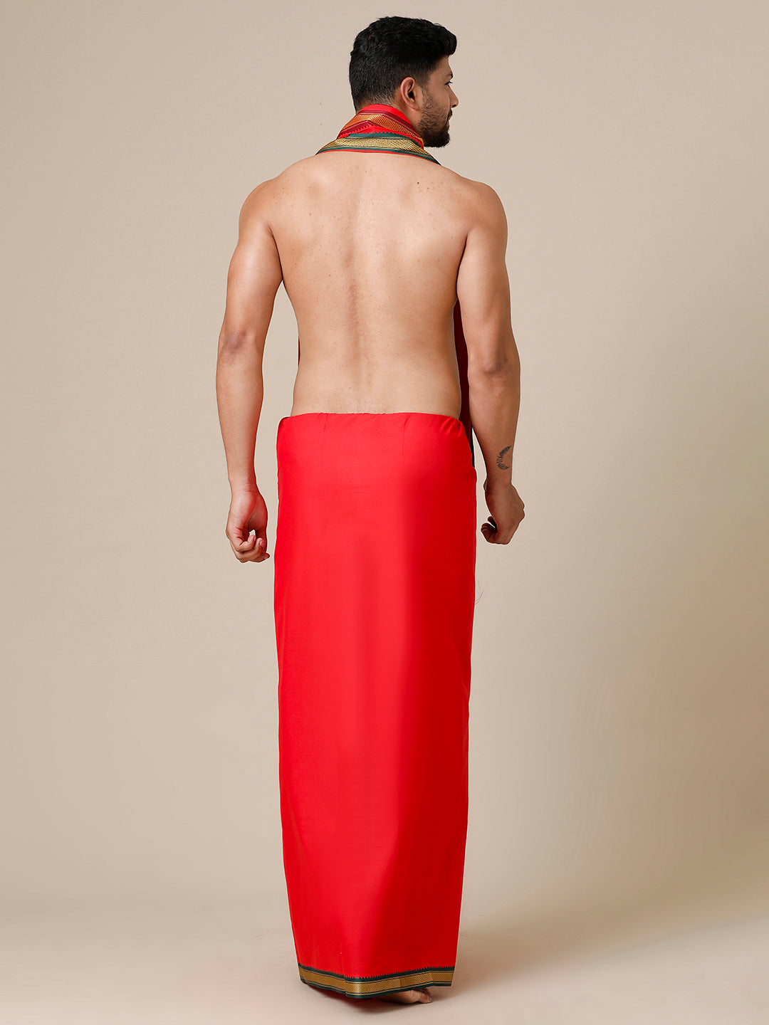 Men 100% Cotton Single Layer Red Dhoti & Towel Set with Mayilkhan Border Brindhavan