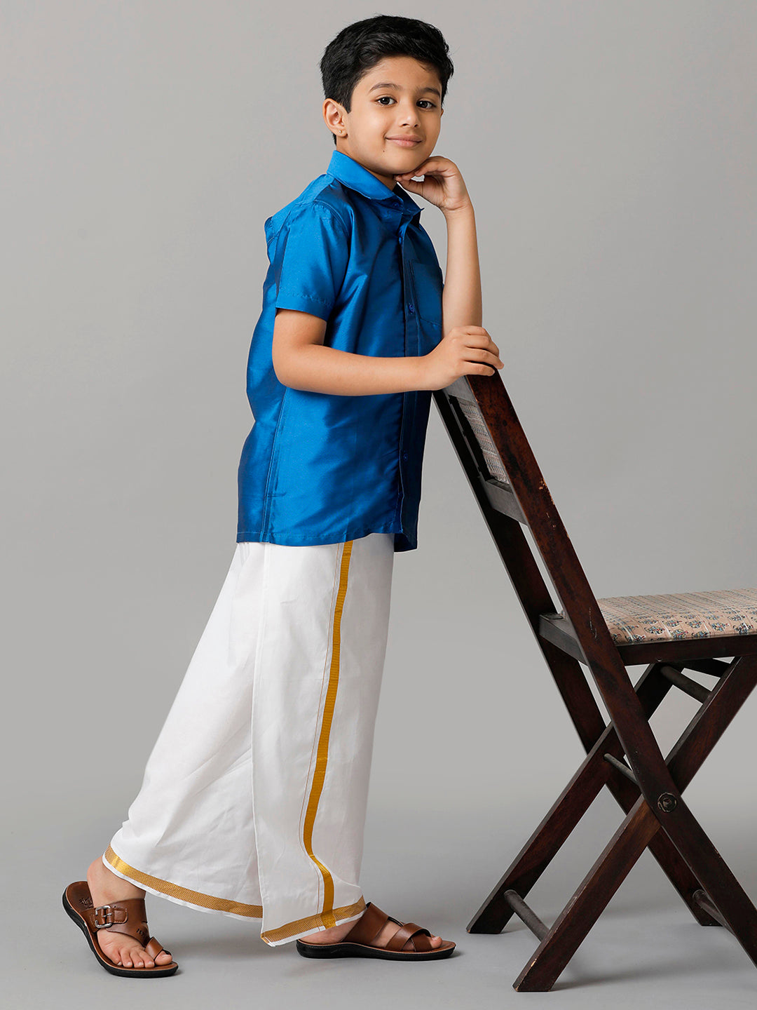 Boys Silk Cotton Royal Blue Half Sleeves Shirt with Adjustable White Dhoti Combo K10-Full view