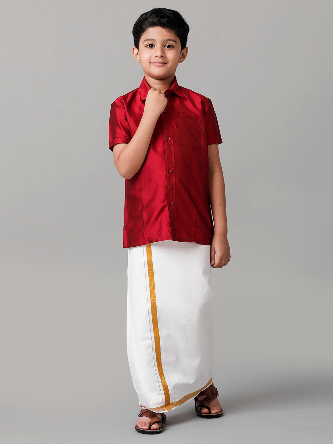 Boys Silk Cotton Red Half Sleeves Shirt with Adjustable White Dhoti Co