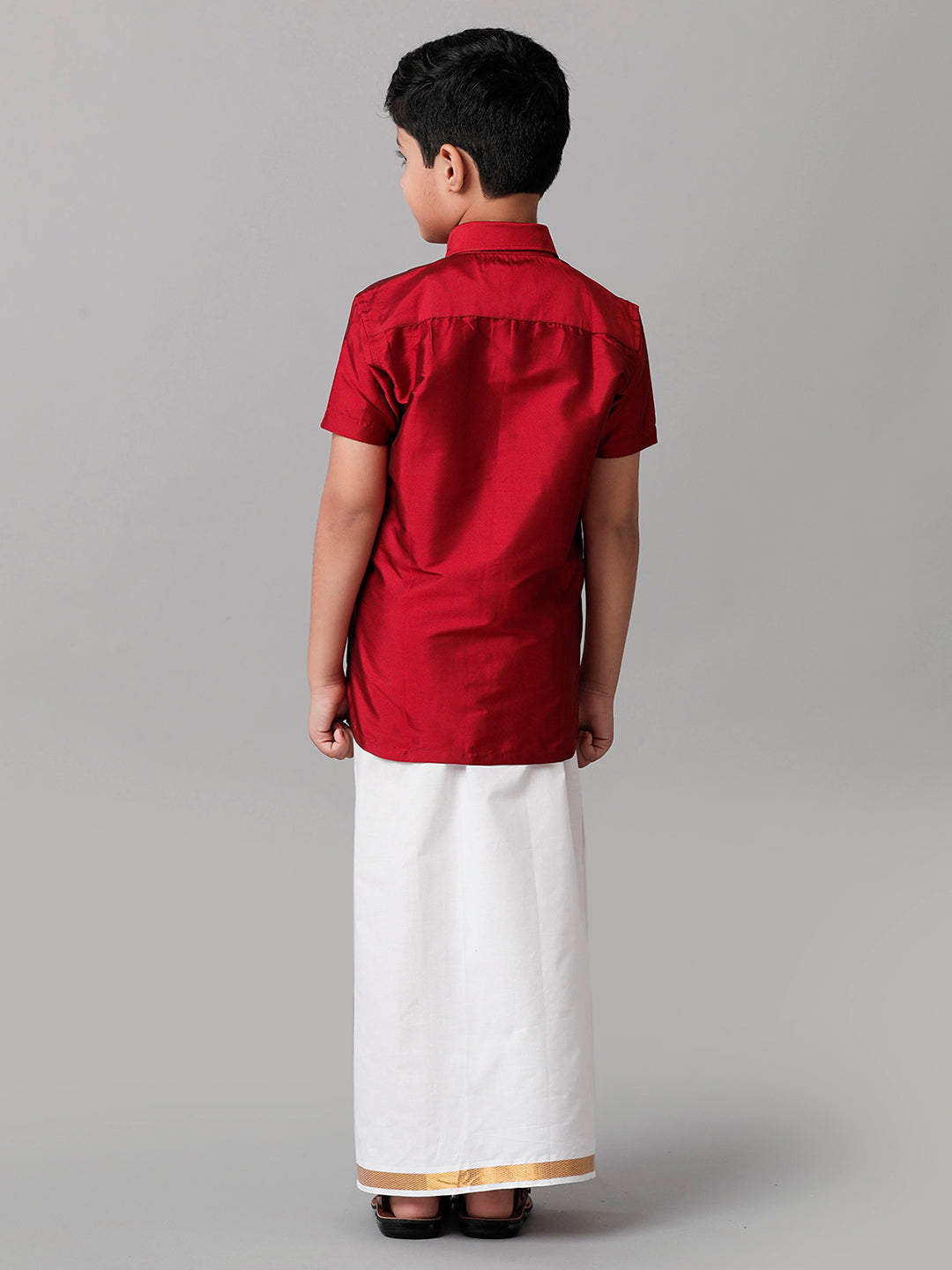 Boys Silk Cotton Red Half Sleeves Shirt with Adjustable White Dhoti Combo K8-Back view