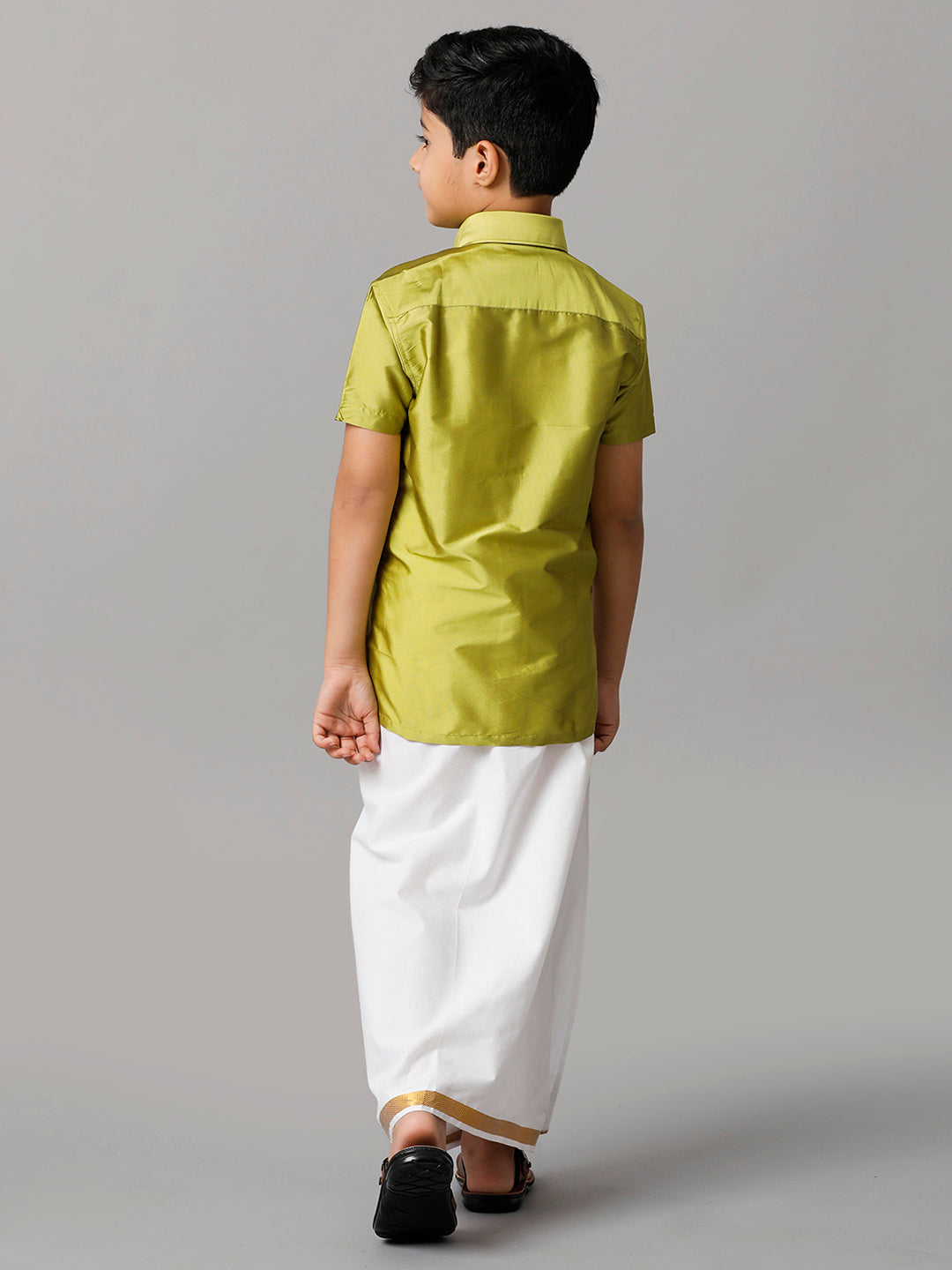Boys Silk Cotton Lemon Green Half Sleeves Shirt with Adjustable White Dhoti Combo K44-Back view