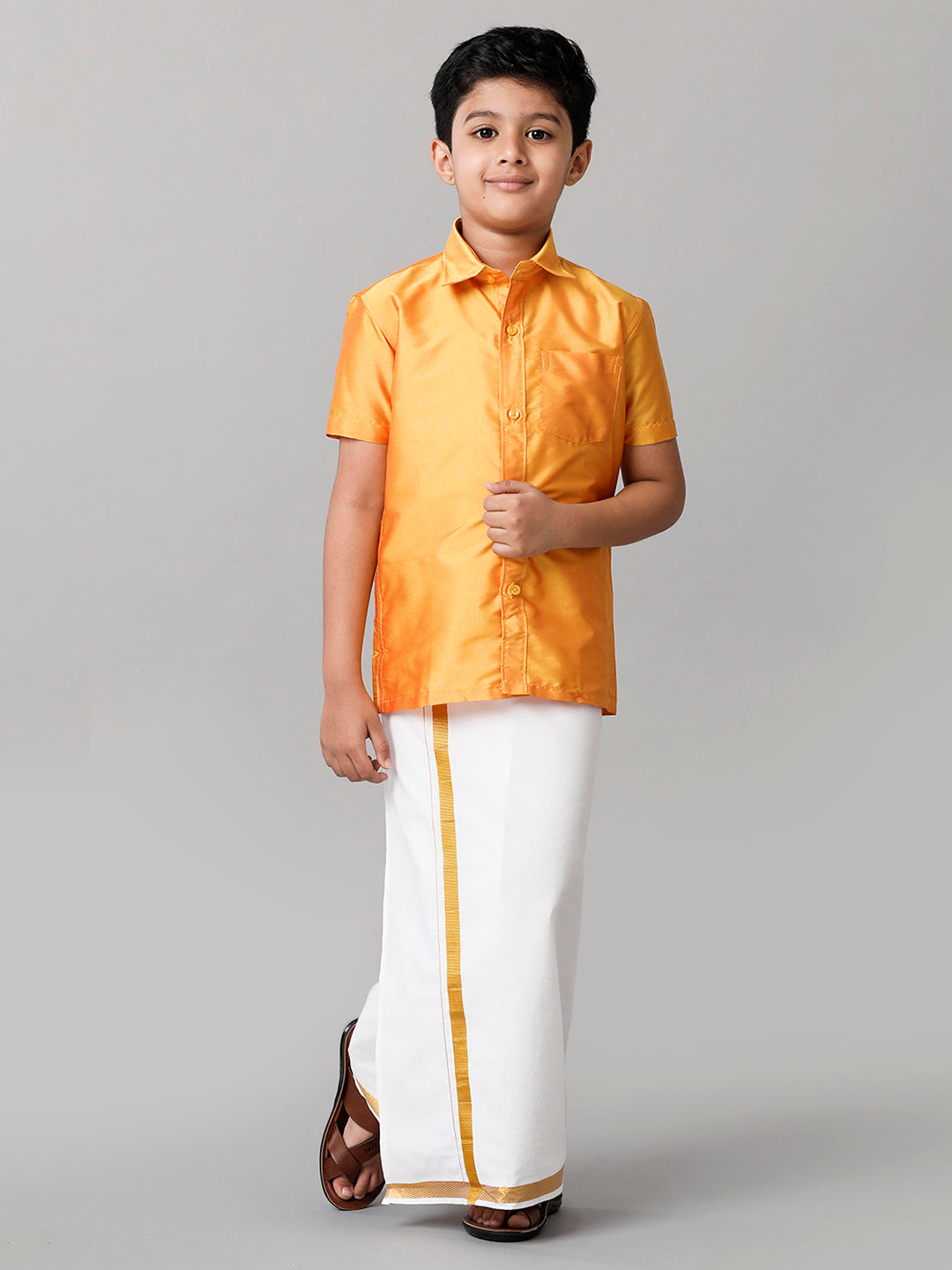 Boys Silk Cotton Yellow Half Sleeves Shirt with Adjustable White Dhoti Combo K6-Front view