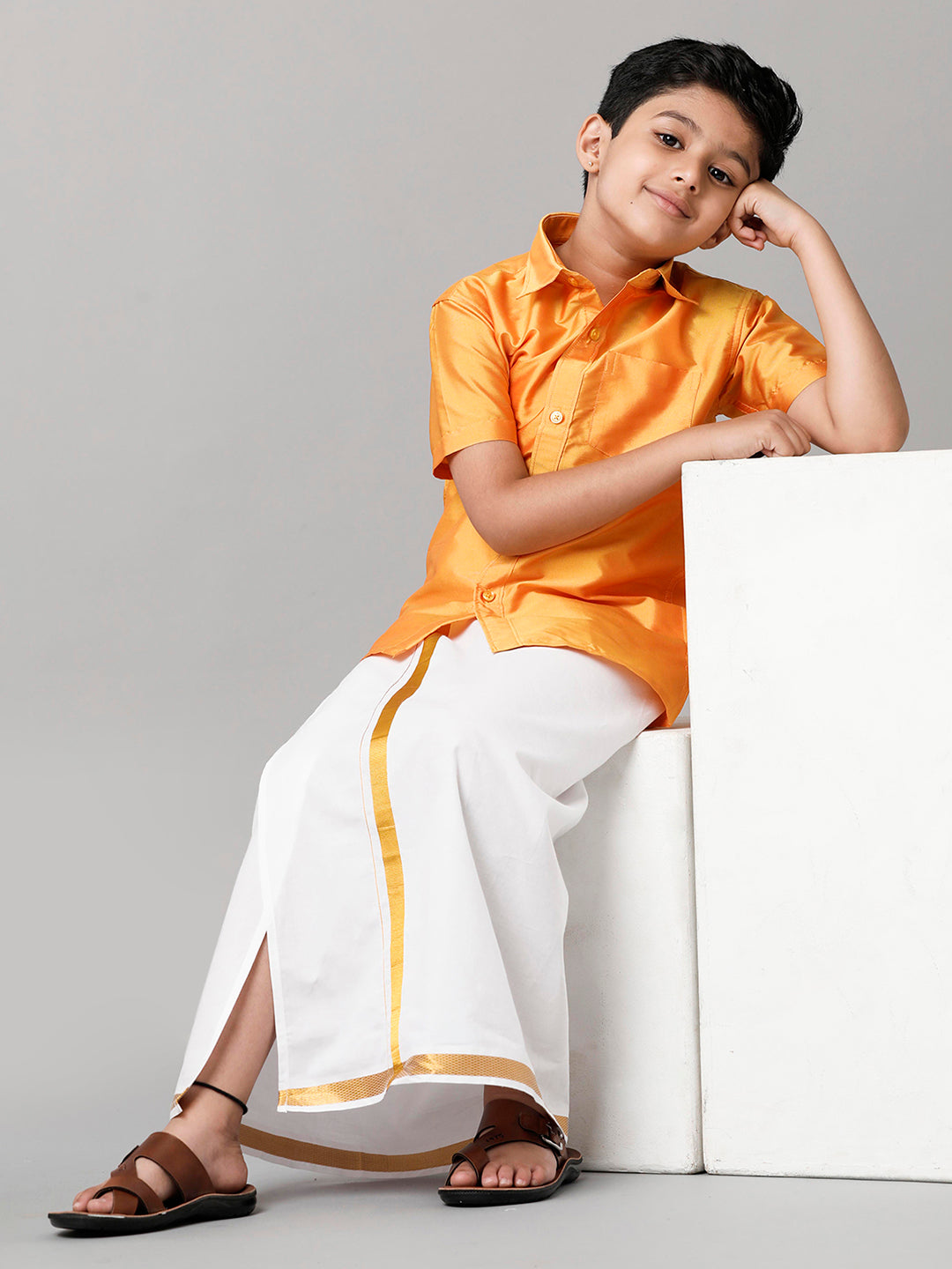 Boys Silk Cotton Yellow Half Sleeves Shirt with Adjustable White Dhoti Combo K6-Full view