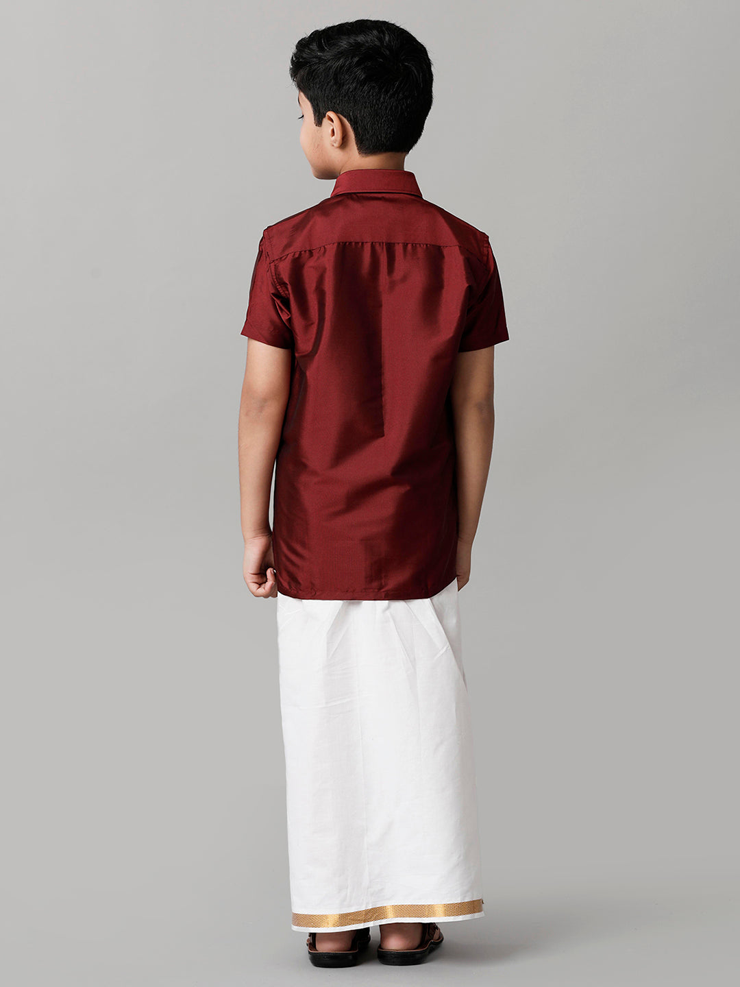 Boys Silk Cotton Maroon Half Sleeves Shirt with Adjustable White Dhoti Combo K7-Back view