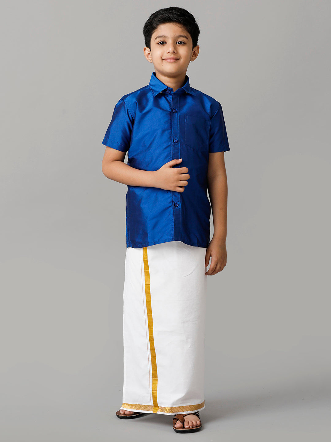Boys Silk Cotton Light Blue Half Sleeves Shirt with Adjustable White Dhoti Combo K5