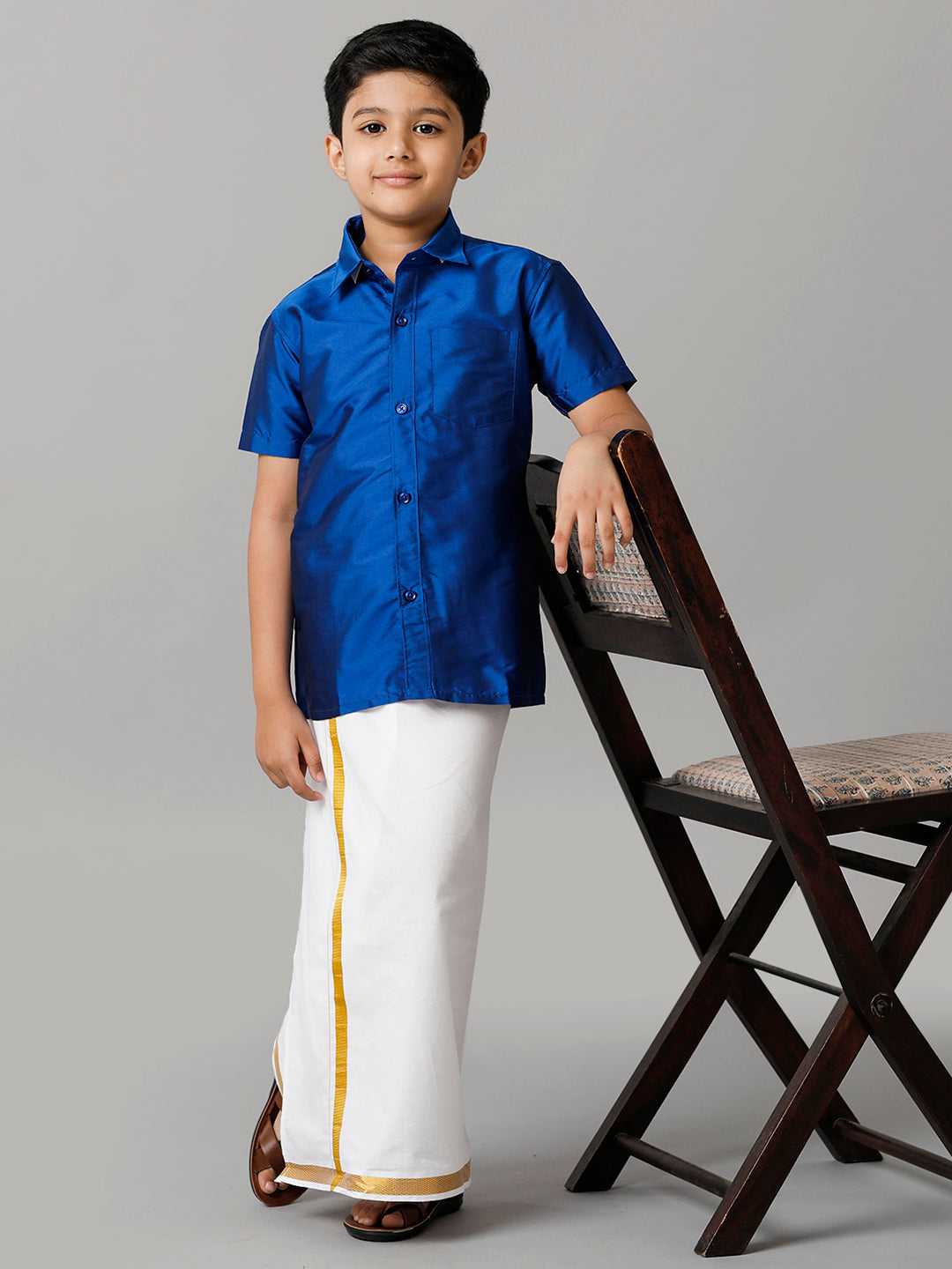 Boys Silk Cotton Light Blue Half Sleeves Shirt with Adjustable White Dhoti Combo K5-Full view
