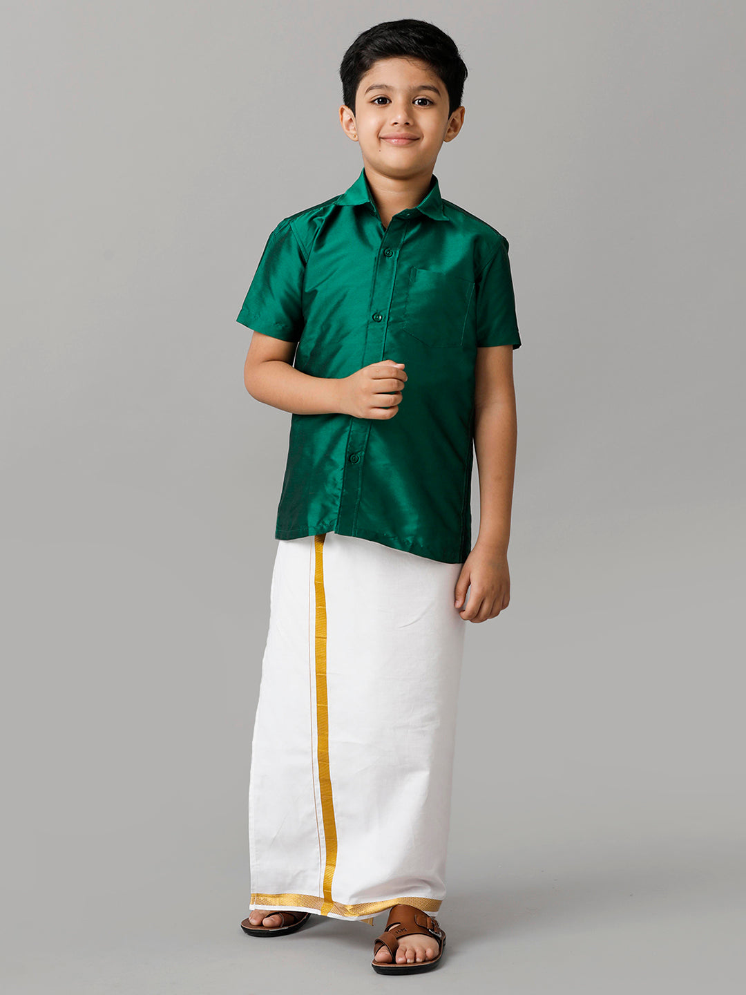 Boys Silk Cotton Green Half Sleeves Shirt with Adjustable White Dhoti Combo K9