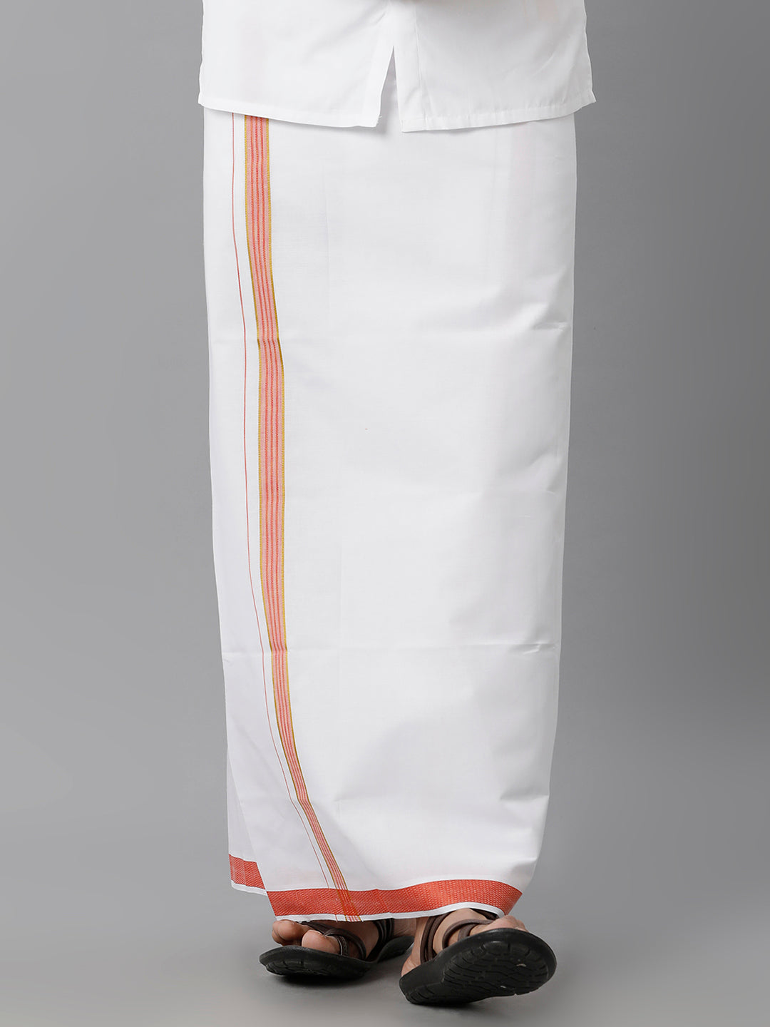 Mens Cotton White Single Dhoti with Pink & Gold Jari Border Winner Gold jari