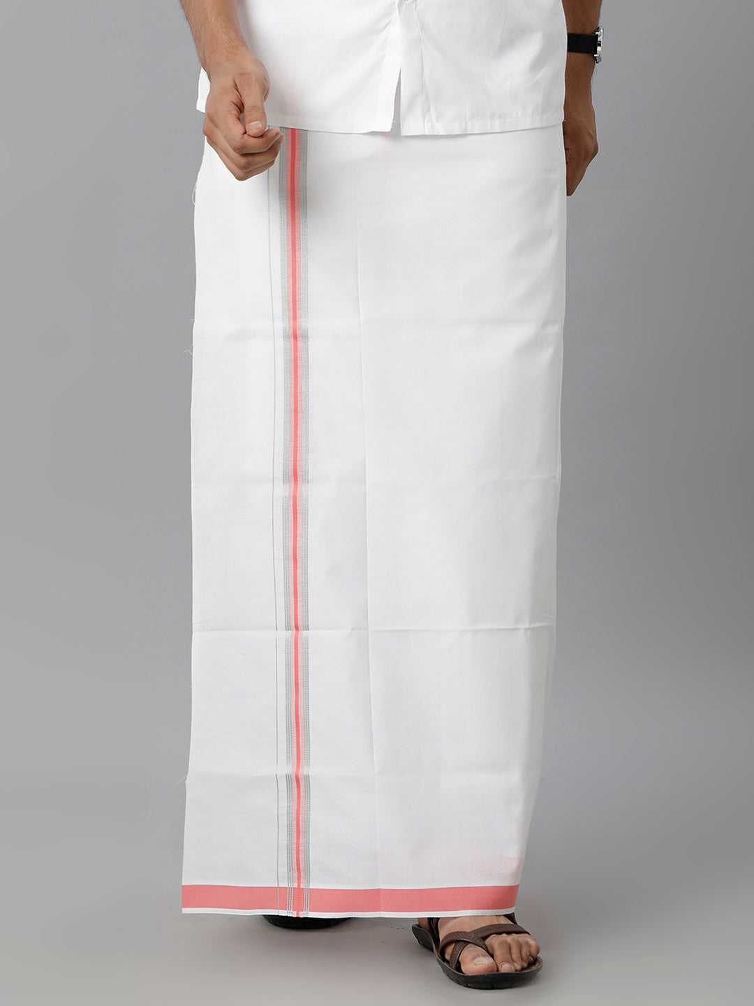 Mens Cotton White Single Dhoti with Pink & Silver Border Winner Silver Fancy