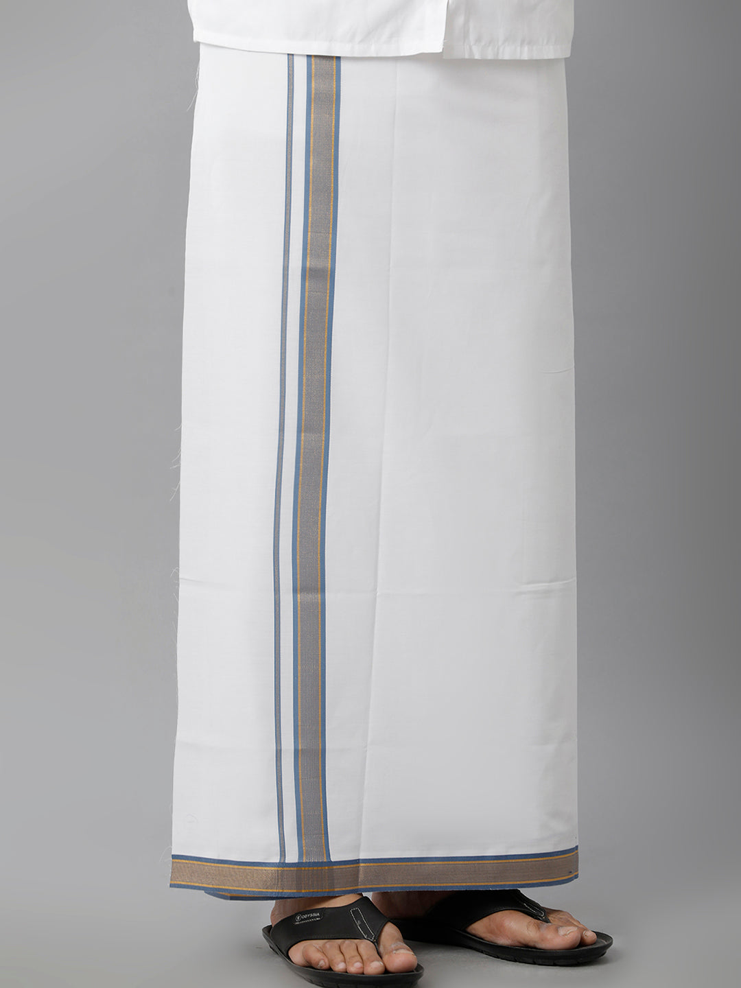 Mens Cotton White Single Dhoti with Grey & Gold Jari Border Golden Moments-Side view