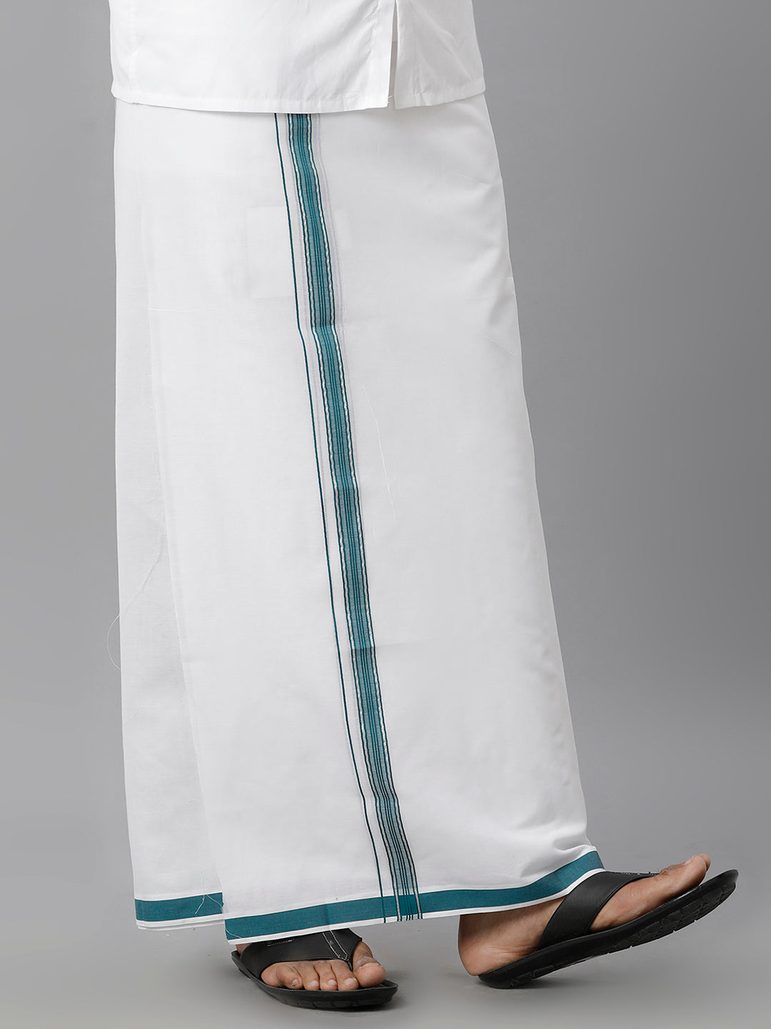 Mens Cotton White Double Dhoti with Green & Silver Jari Border Manipuri Fancy-Side view