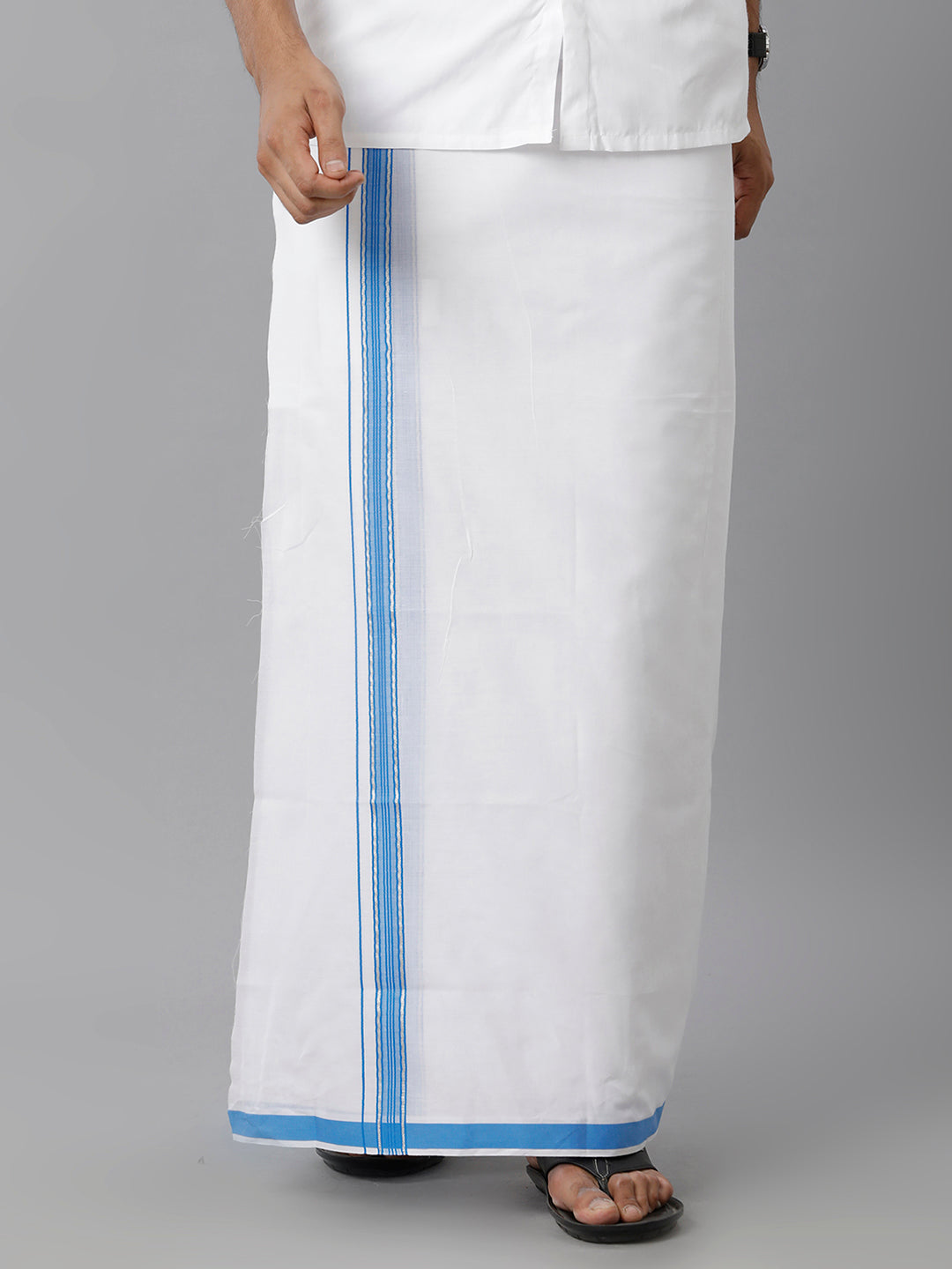 Mens Cotton White Double Dhoti with Blue & Silver Jari Border Manipuri Fancy