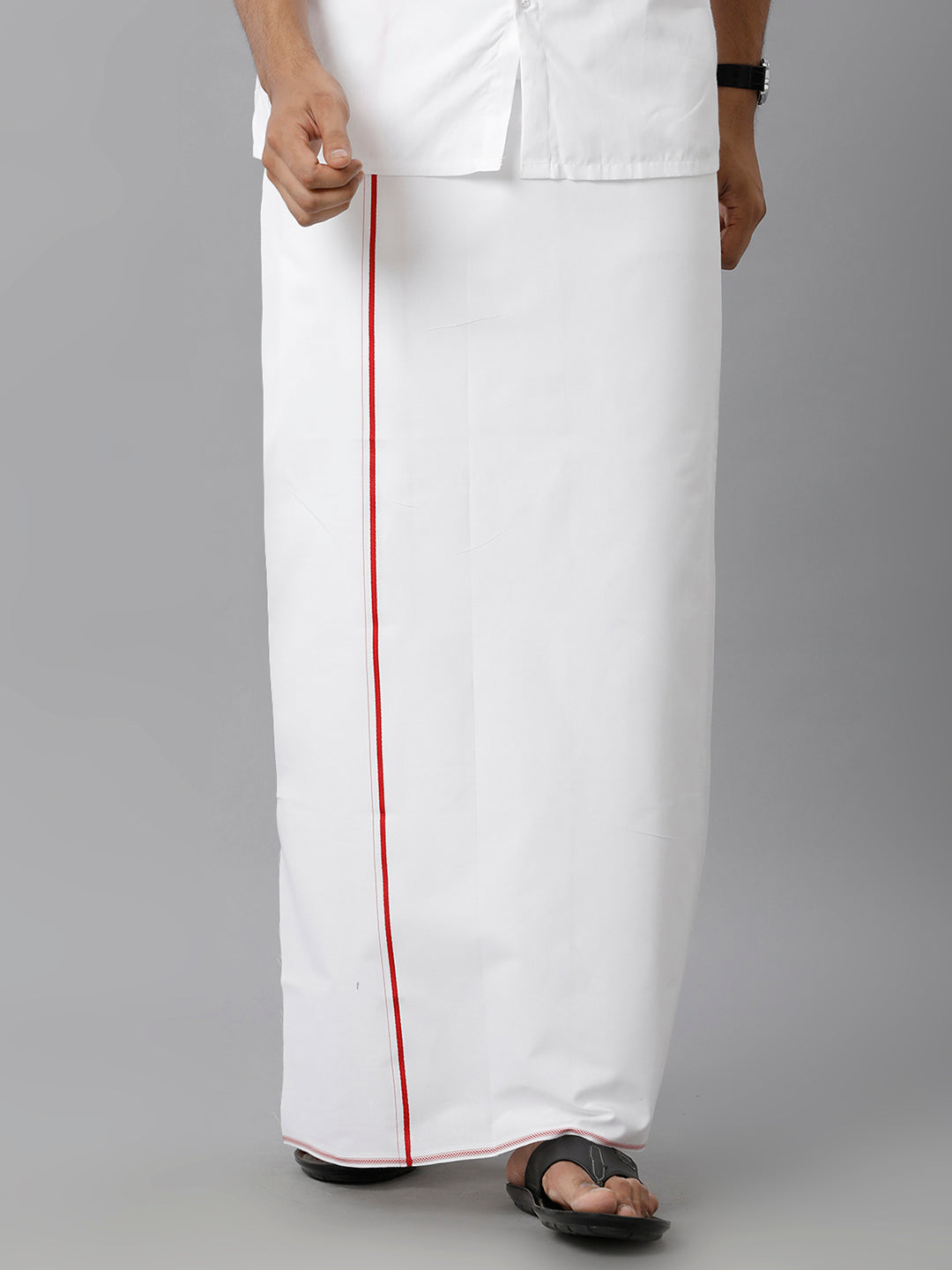 Mens 100% Cotton Single Dhoti with Red Small Border Gold Cable