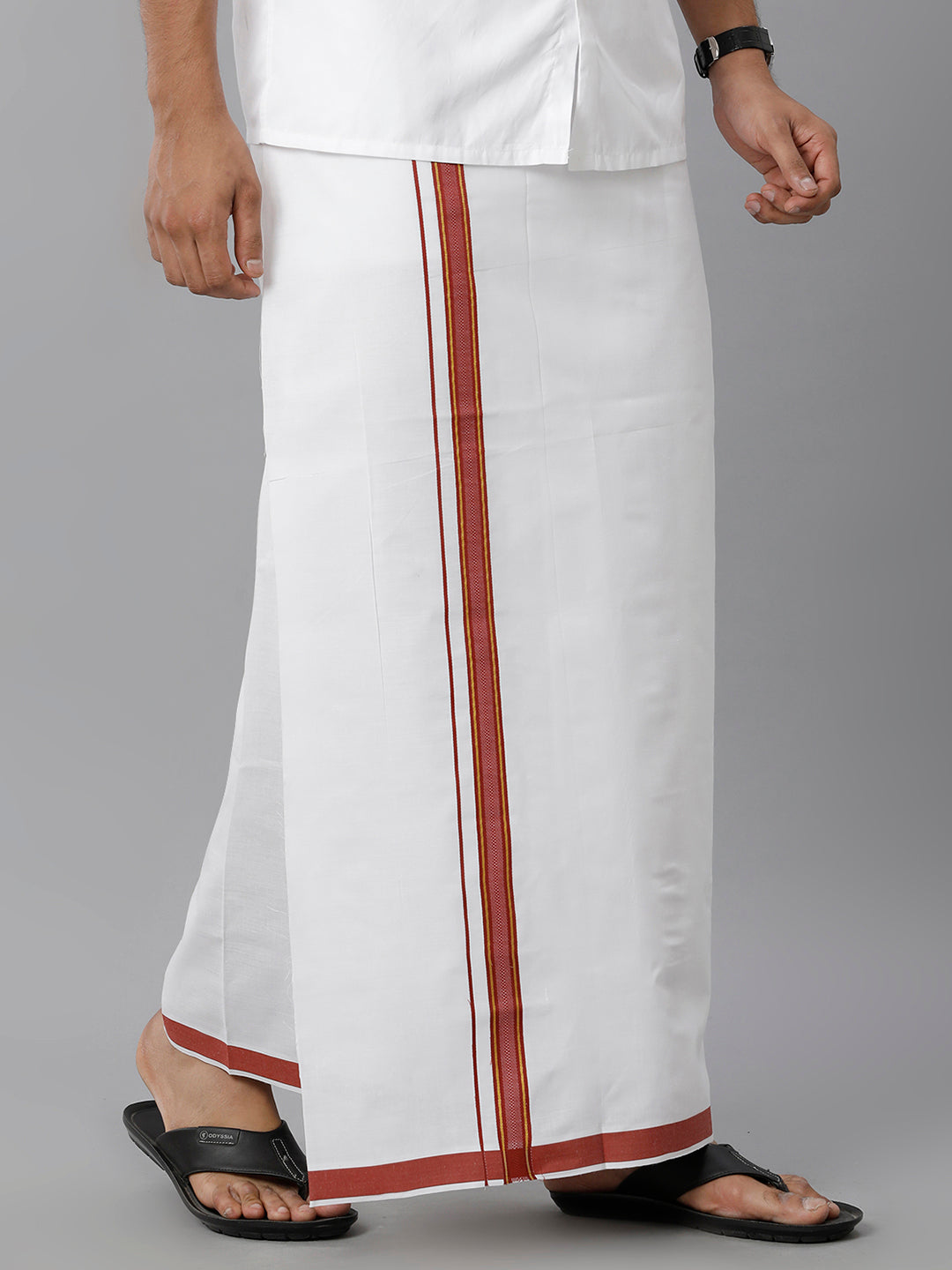 Mens Cotton White Single Dhoti with Maroon & Gold Jari Border Winner Gold jari-Front view