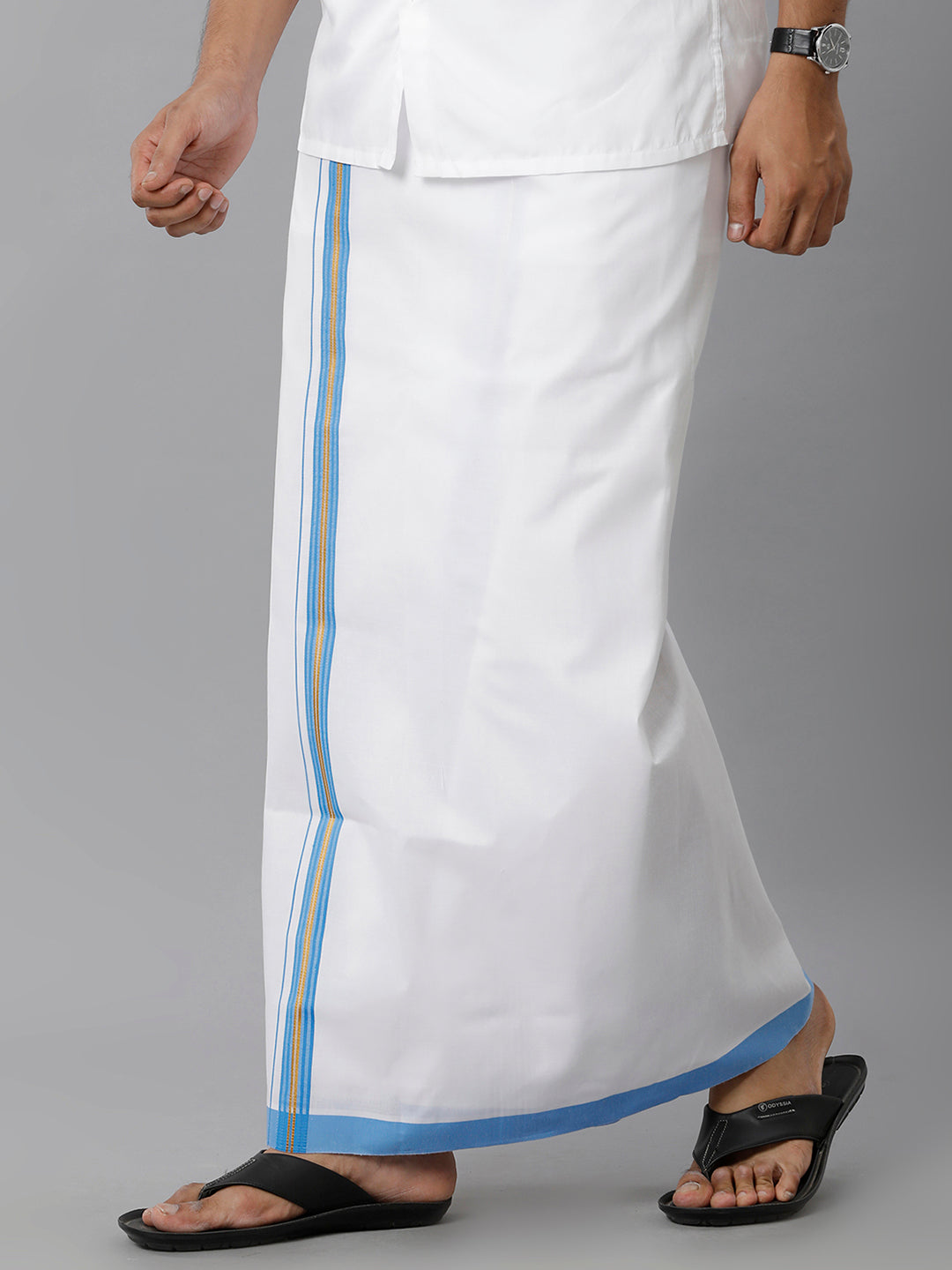 Mens Cotton White Single Dhoti with Blue & Gold Jari Border Winner Gold jari-Side view