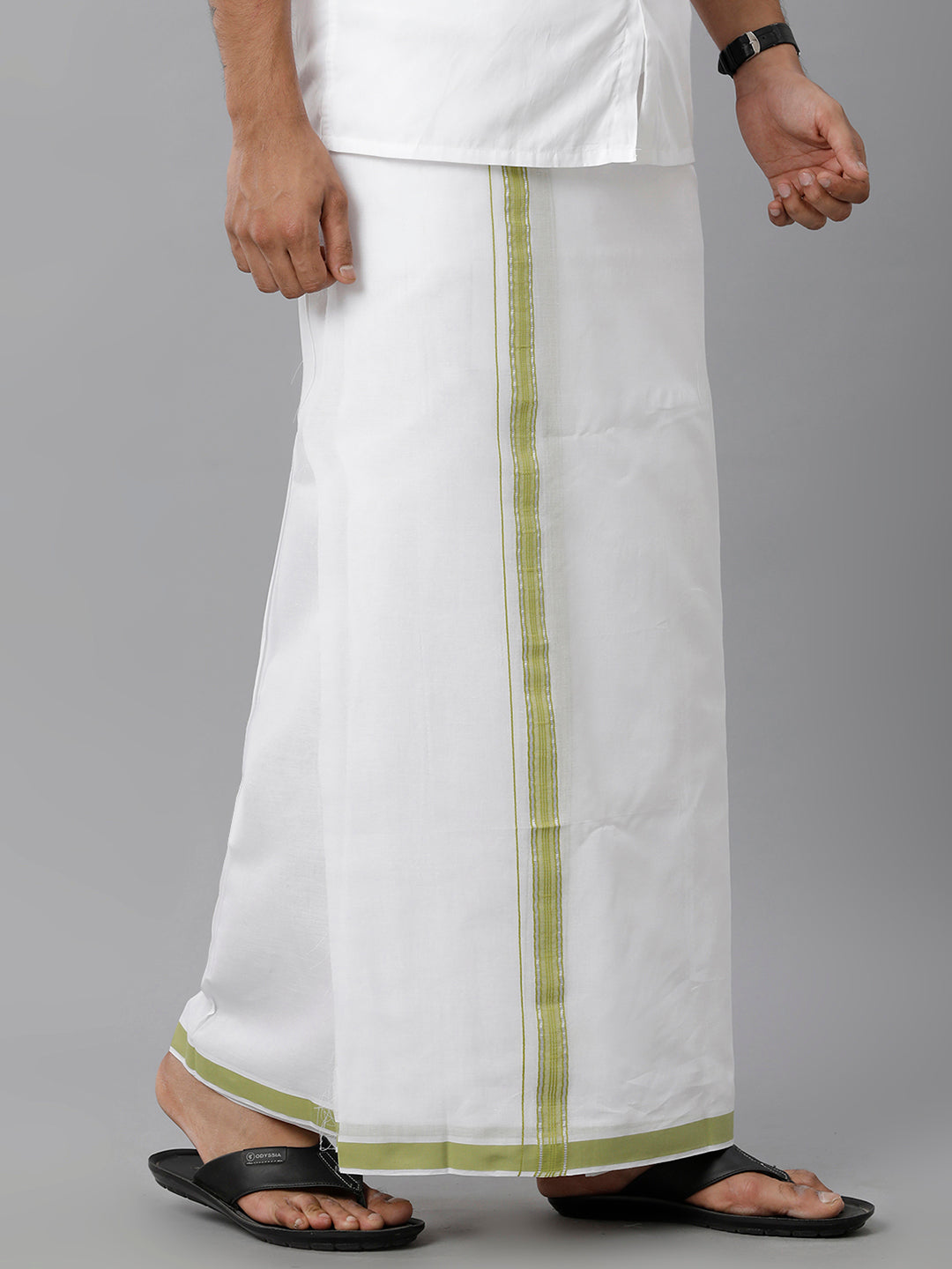 Mens Cotton White Double Dhoti with Green & Silver Jari Border Manipuri Fancy-Side view