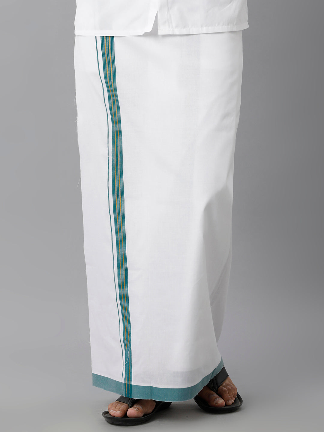 Mens Cotton White Single Dhoti with Green & Gold Jari Border Winner Gold jari