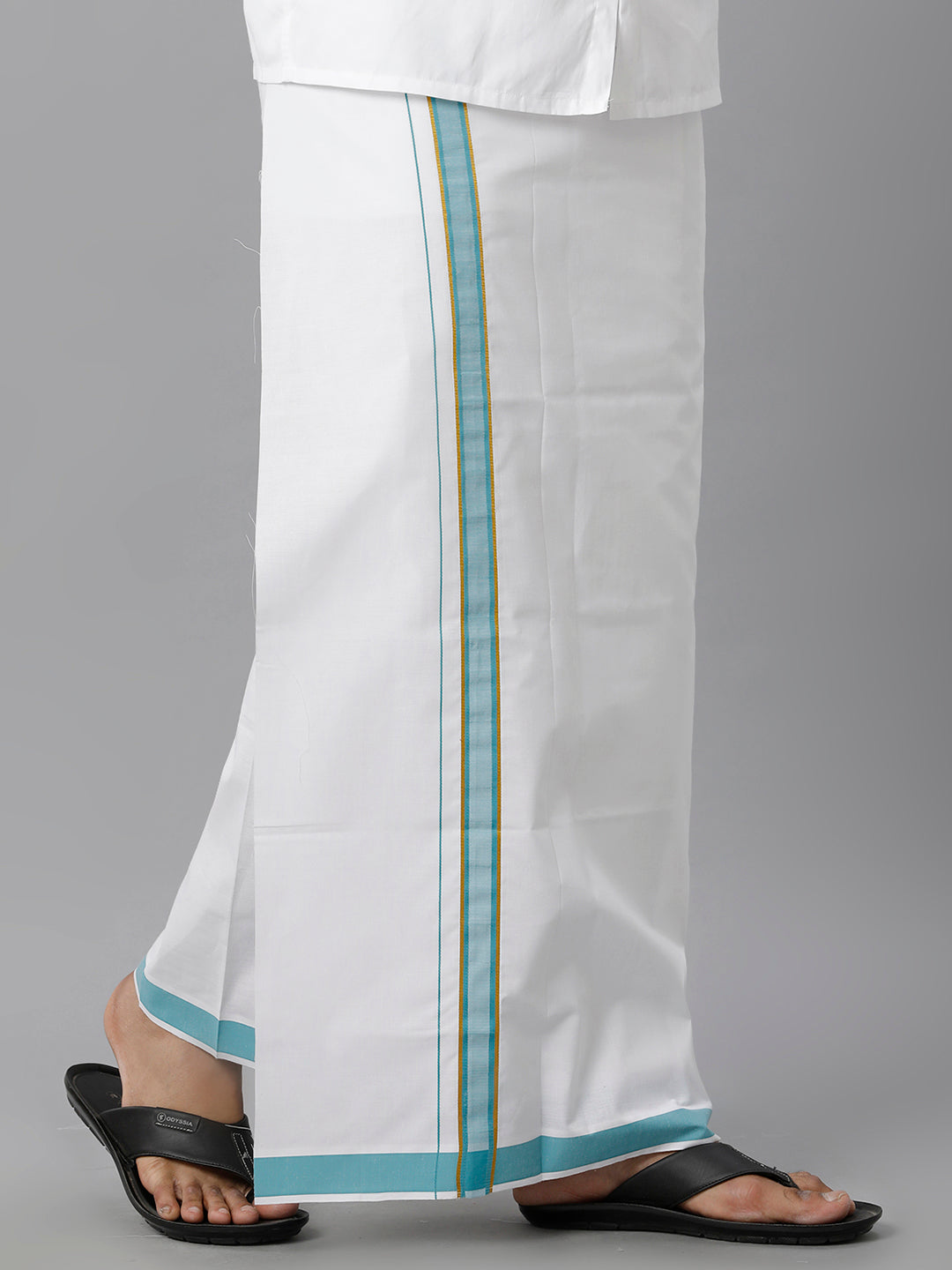 Mens Cotton White Single Dhoti with Blue & Gold Jari Border Winner Gold jari-Side view