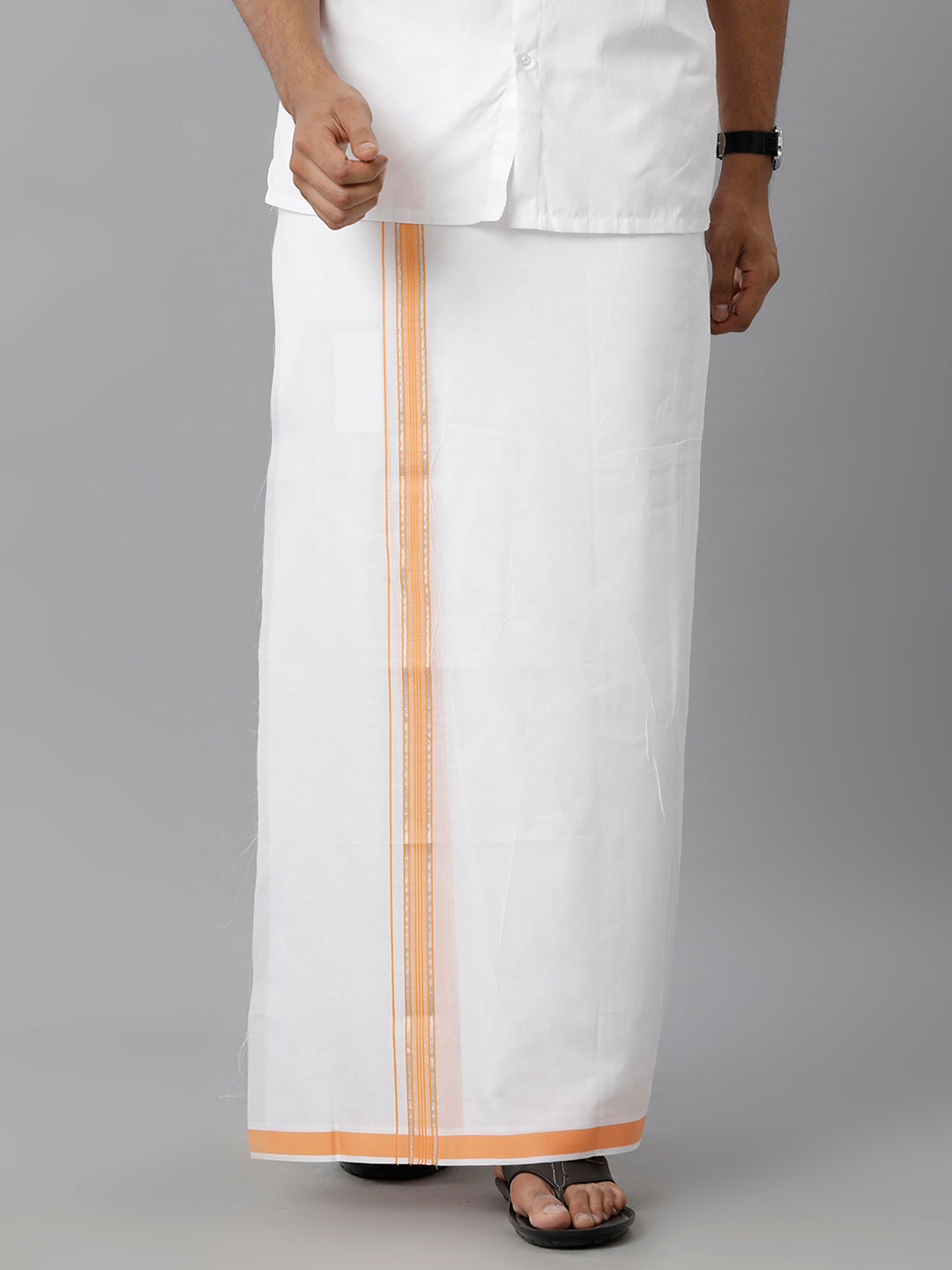 Mens Cotton White Double Dhoti with Orange & Silver Jari Border Manipuri Fancy