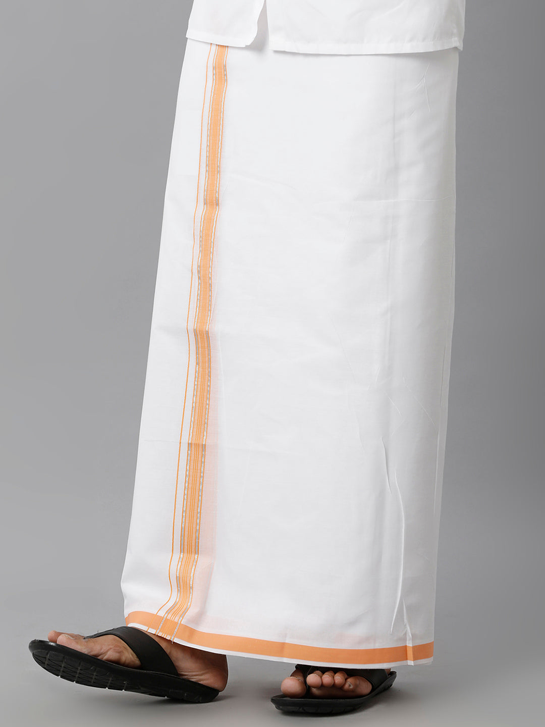 Mens Cotton White Double Dhoti with Orange & Silver Jari Border Manipuri Fancy-Side view