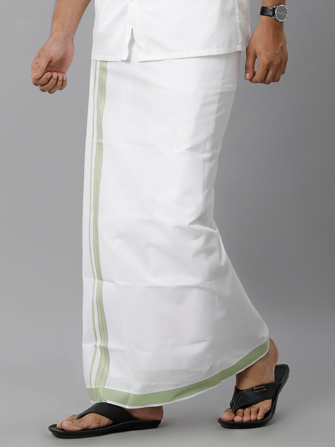 Mens Cotton White Single Dhoti with Light Green & Silver Border Winner Silver Fancy-Side view