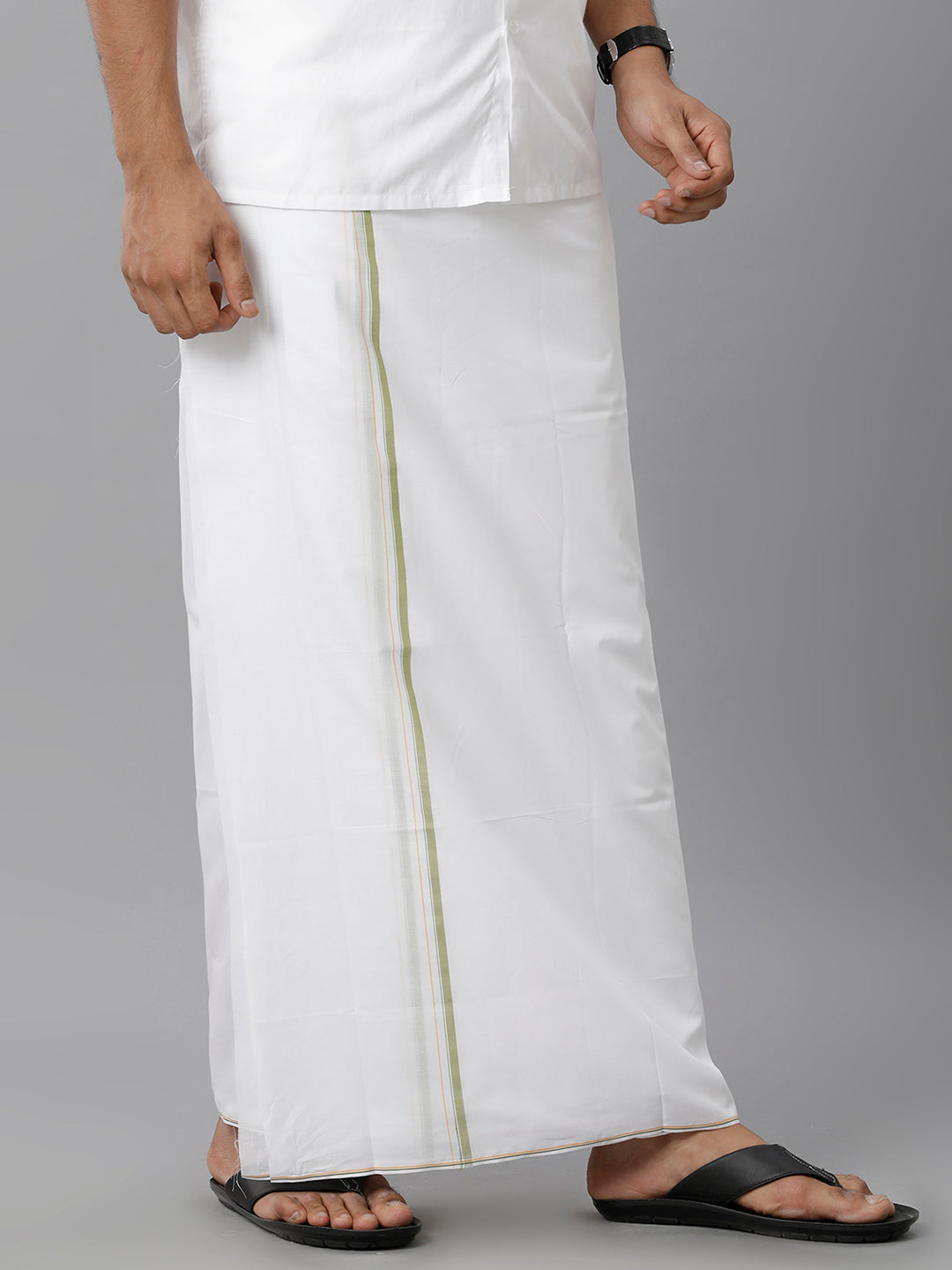 Mens Cotton White Double Dhoti with Chutney Green Small Border Paramsakthi-Side view