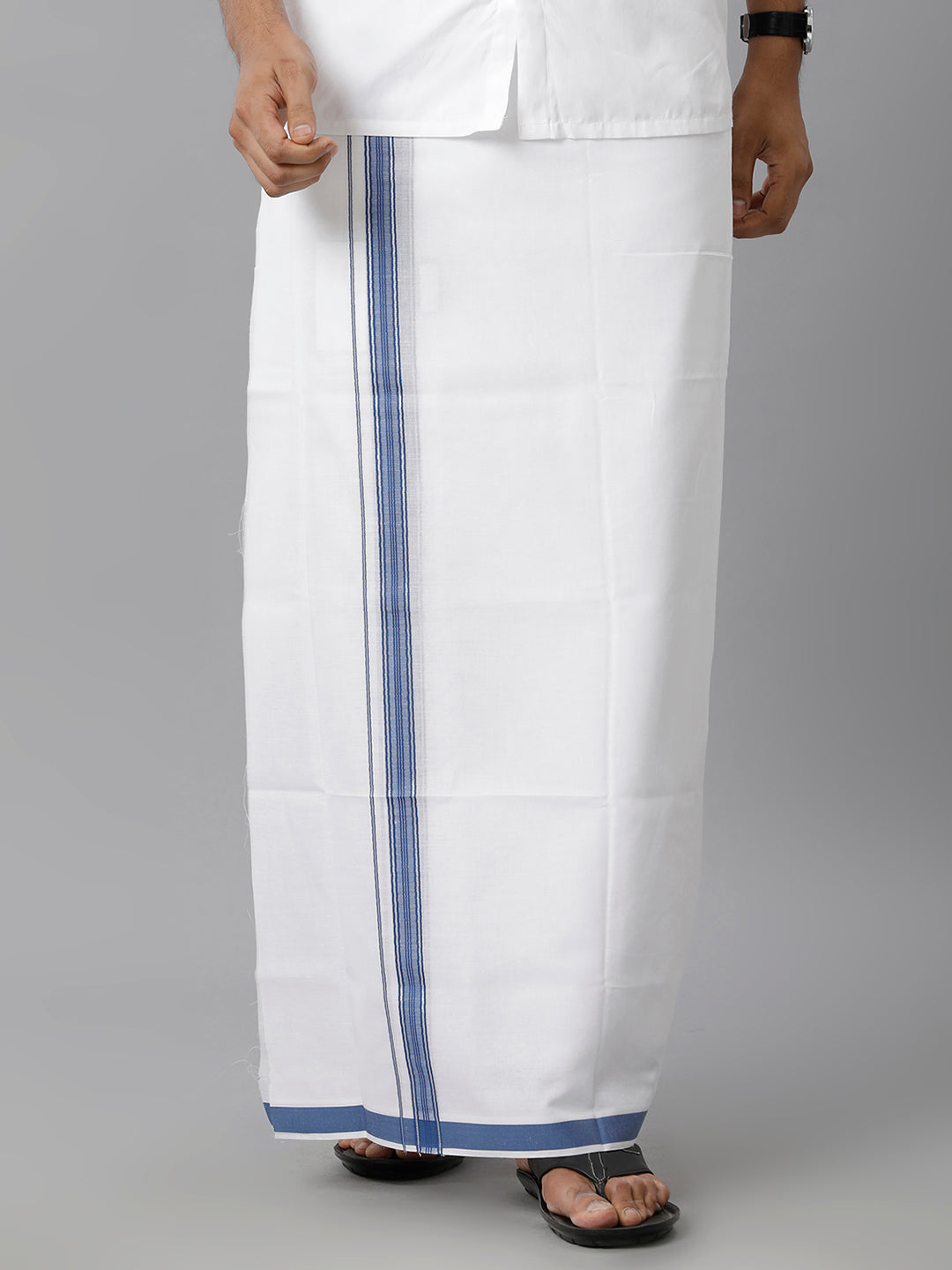 Mens Cotton White Double Dhoti with Navy & Silver Jari Border Manipuri Fancy