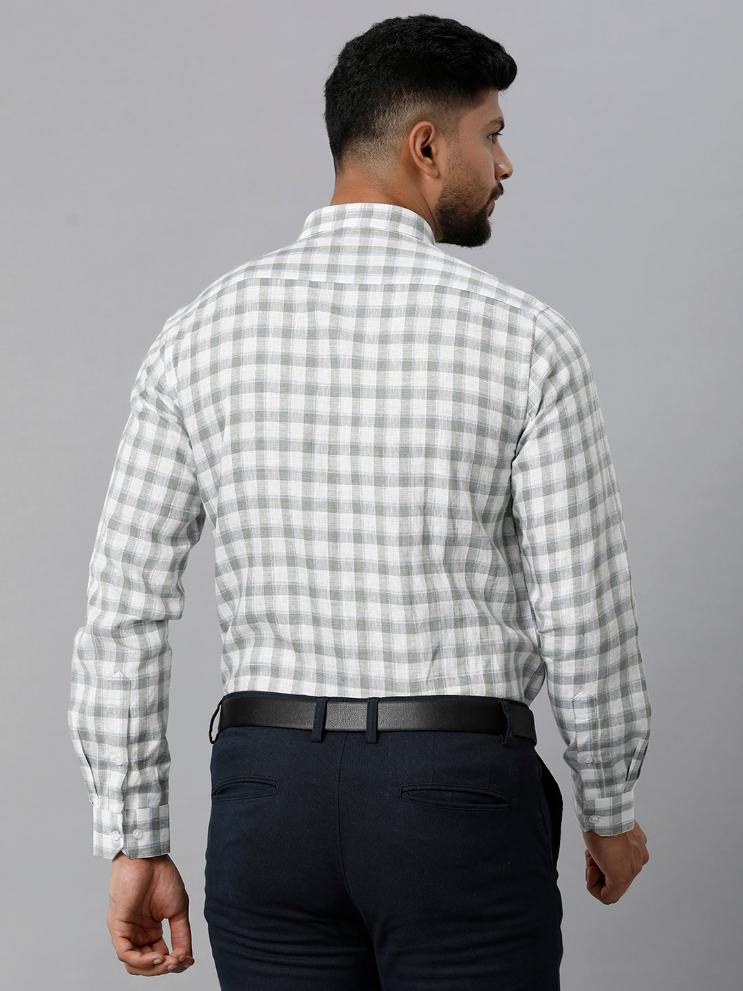 Mens Pure Linen Checked Full Sleeves Green & White Shirt LS56-Back view
