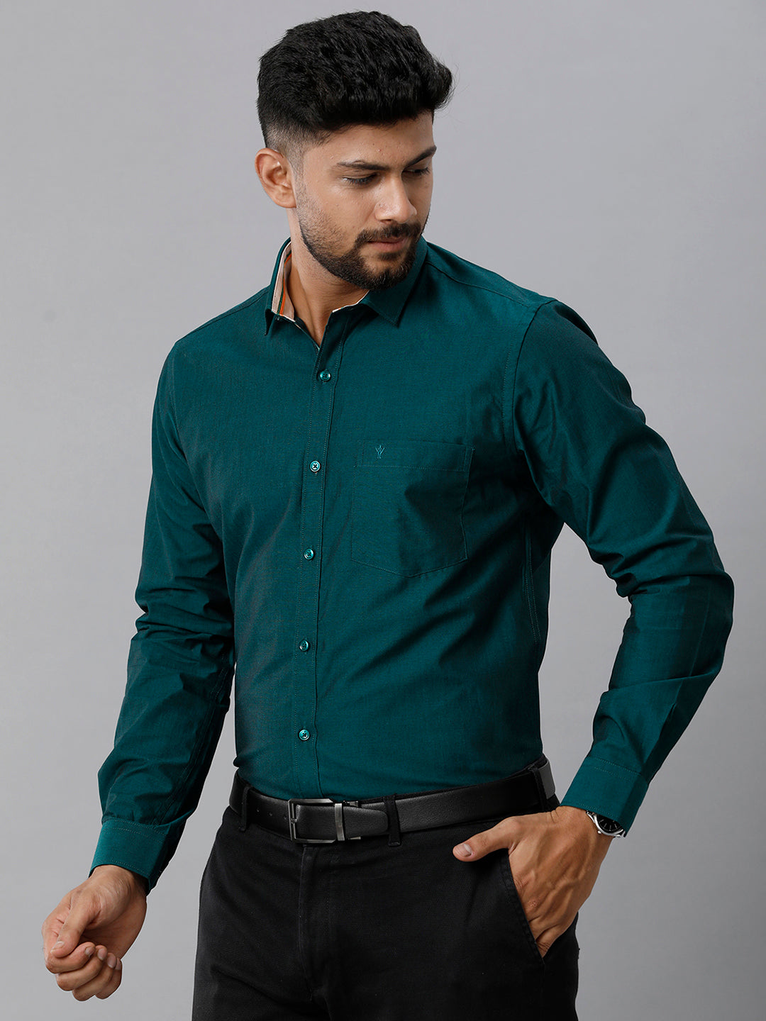 Mens Premium Cotton Formal Shirt Full Sleeves Dark Green MH G116-Side view