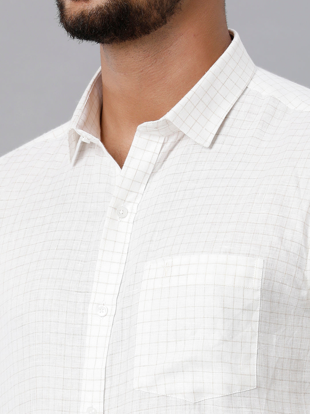 Mens Pure Linen Checked Full Sleeves Grayish White Shirt LS45-Zoom view