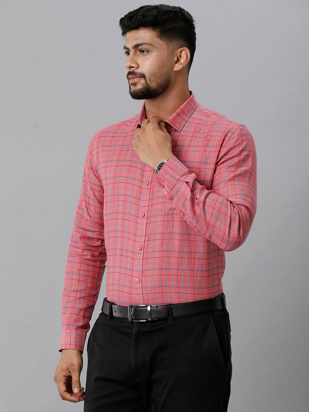 Mens Pure Linen Checked Full Sleeves Dark Pink Shirt LS7-Side view