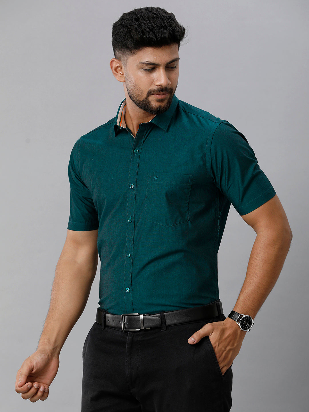 Mens Premium Cotton Formal Shirt Half Sleeves Dark Green MH G116-Side view